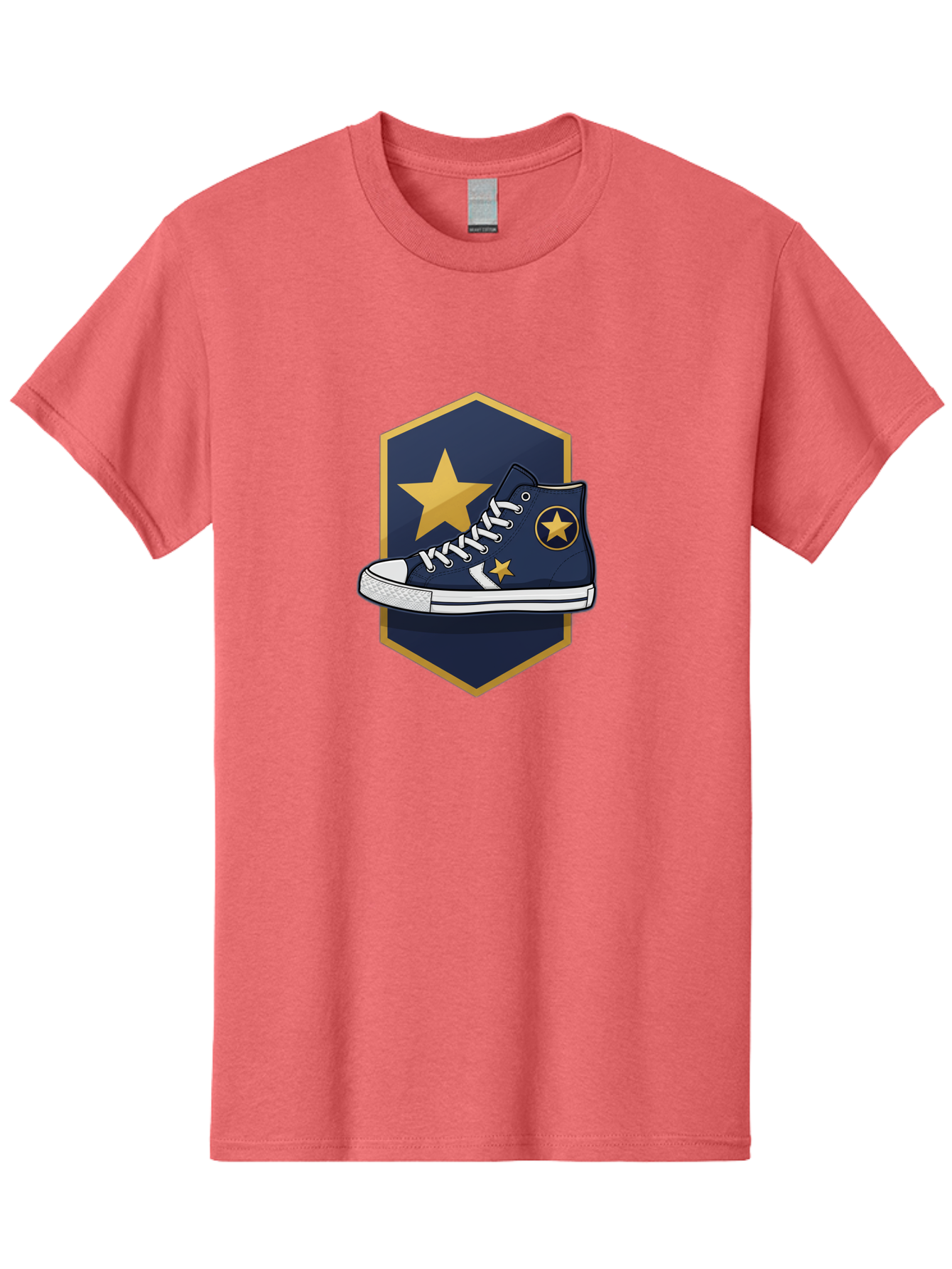 Star-Sneaker Men'S Graphic Tee, 100% Cotton, Comfortable Casual Summer Wear, Machine Washable, Navy Blue Sneaker, White Laces, Yellow Stars, Converse Style, Casual Footwear, Streetwear Fashion, Athletic Shoe, Bold Design, Gold Accents Bab458