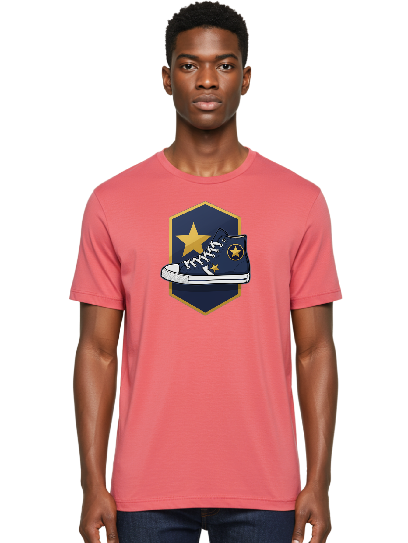 Star-Sneaker Men'S Graphic Tee, 100% Cotton, Comfortable Casual Summer Wear, Machine Washable, Navy Blue Sneaker, White Laces, Yellow Stars, Converse Style, Casual Footwear, Streetwear Fashion, Athletic Shoe, Bold Design, Gold Accents Bab458