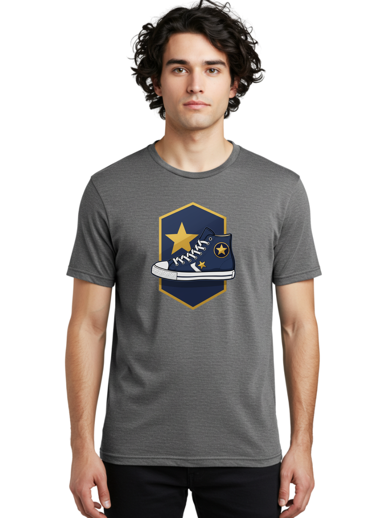 Star-Sneaker Men'S Graphic Tee, 100% Cotton, Comfortable Casual Summer Wear, Machine Washable, Navy Blue Sneaker, White Laces, Yellow Stars, Converse Style, Casual Footwear, Streetwear Fashion, Athletic Shoe, Bold Design, Gold Accents Bab458