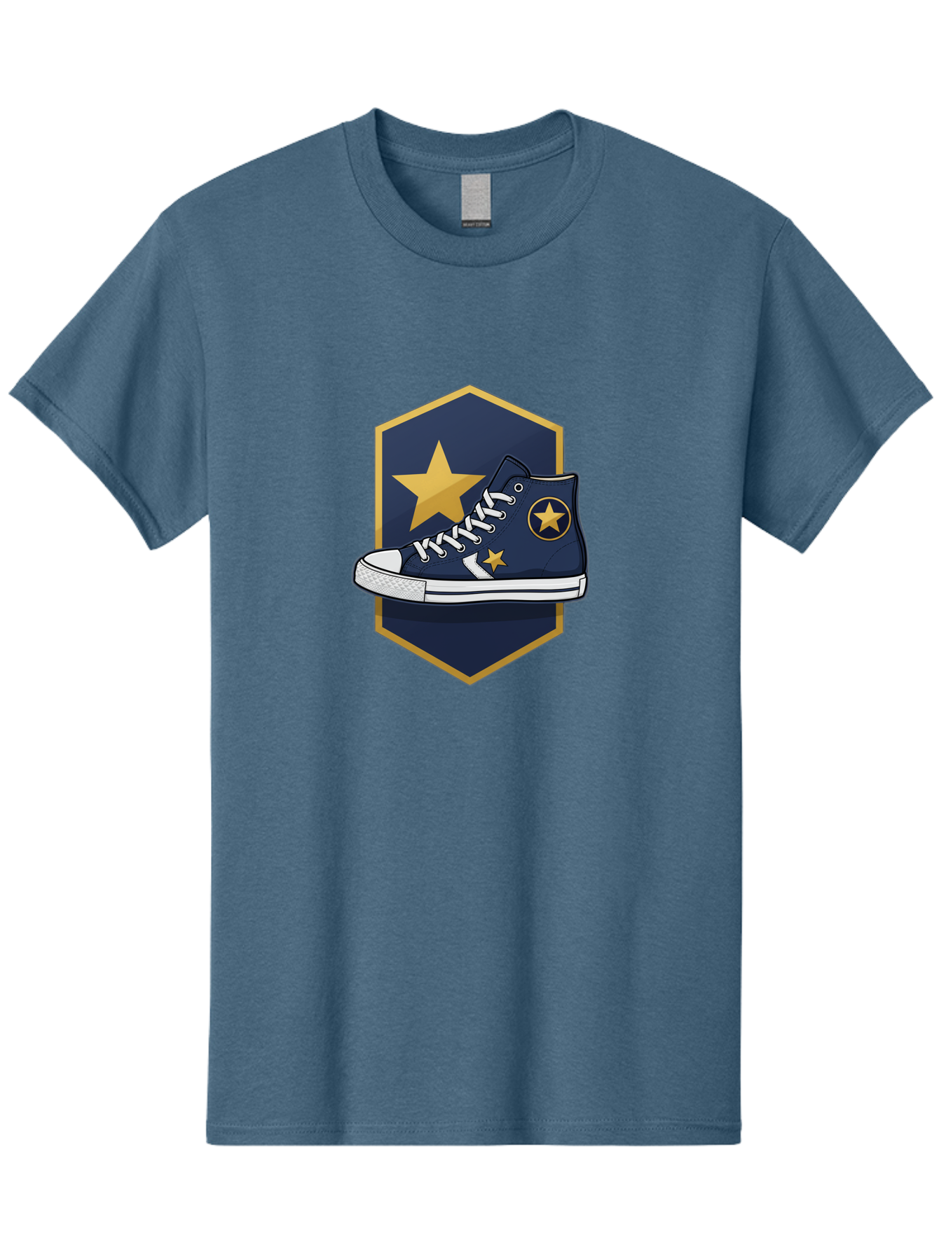 Star-Sneaker Men'S Graphic Tee, 100% Cotton, Comfortable Casual Summer Wear, Machine Washable, Navy Blue Sneaker, White Laces, Yellow Stars, Converse Style, Casual Footwear, Streetwear Fashion, Athletic Shoe, Bold Design, Gold Accents Bab458