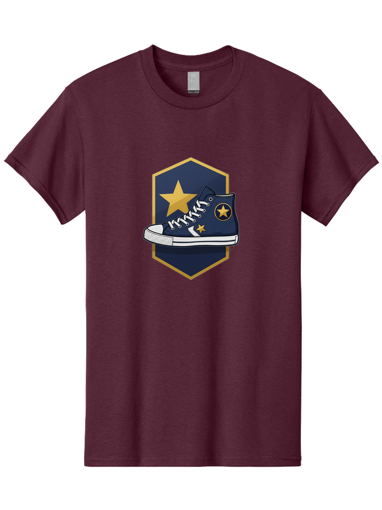 Star-Sneaker Men'S Graphic Tee, 100% Cotton, Comfortable Casual Summer Wear, Machine Washable, Navy Blue Sneaker, White Laces, Yellow Stars, Converse Style, Casual Footwear, Streetwear Fashion, Athletic Shoe, Bold Design, Gold Accents Bab458