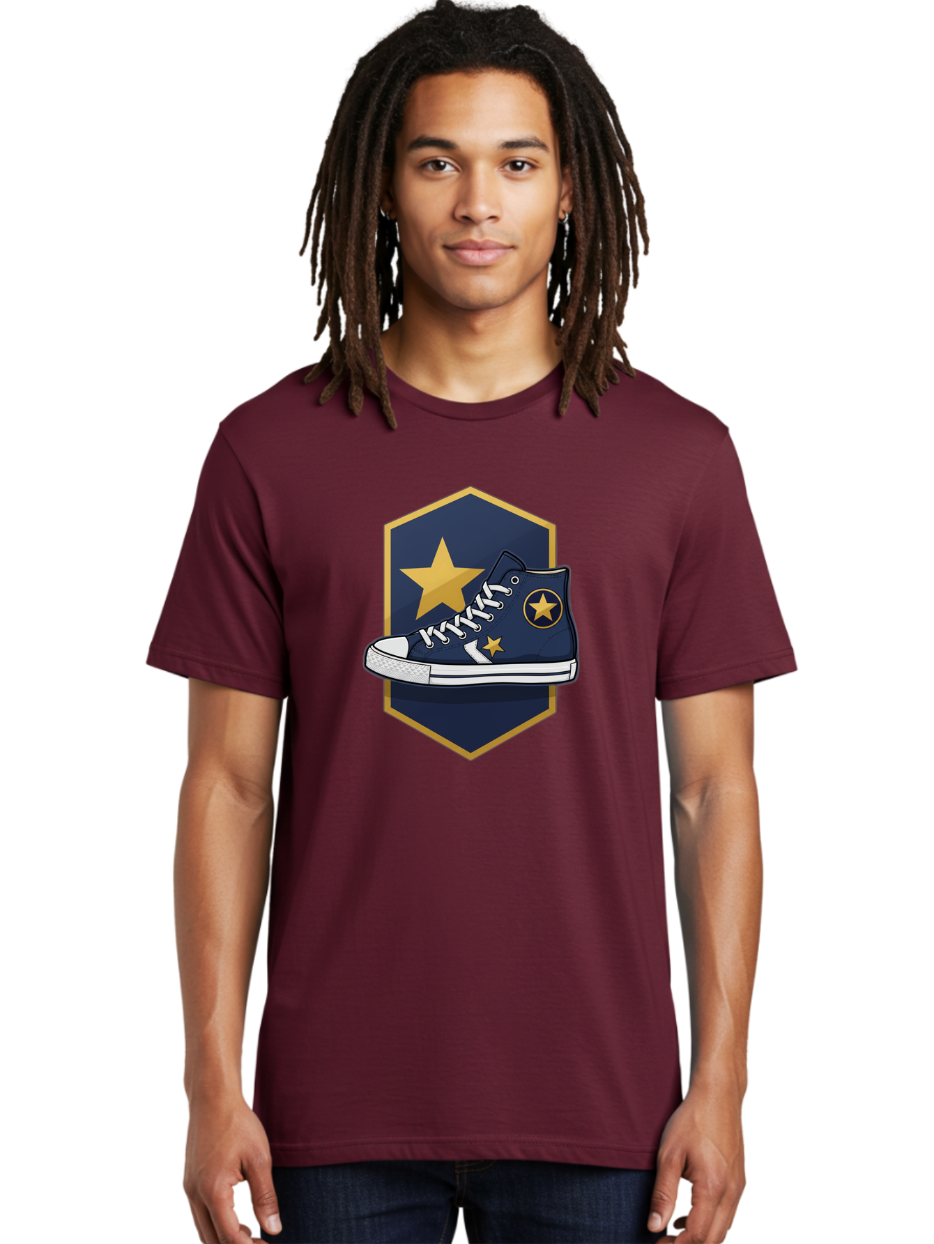 Star-Sneaker Men'S Graphic Tee, 100% Cotton, Comfortable Casual Summer Wear, Machine Washable, Navy Blue Sneaker, White Laces, Yellow Stars, Converse Style, Casual Footwear, Streetwear Fashion, Athletic Shoe, Bold Design, Gold Accents Bab458