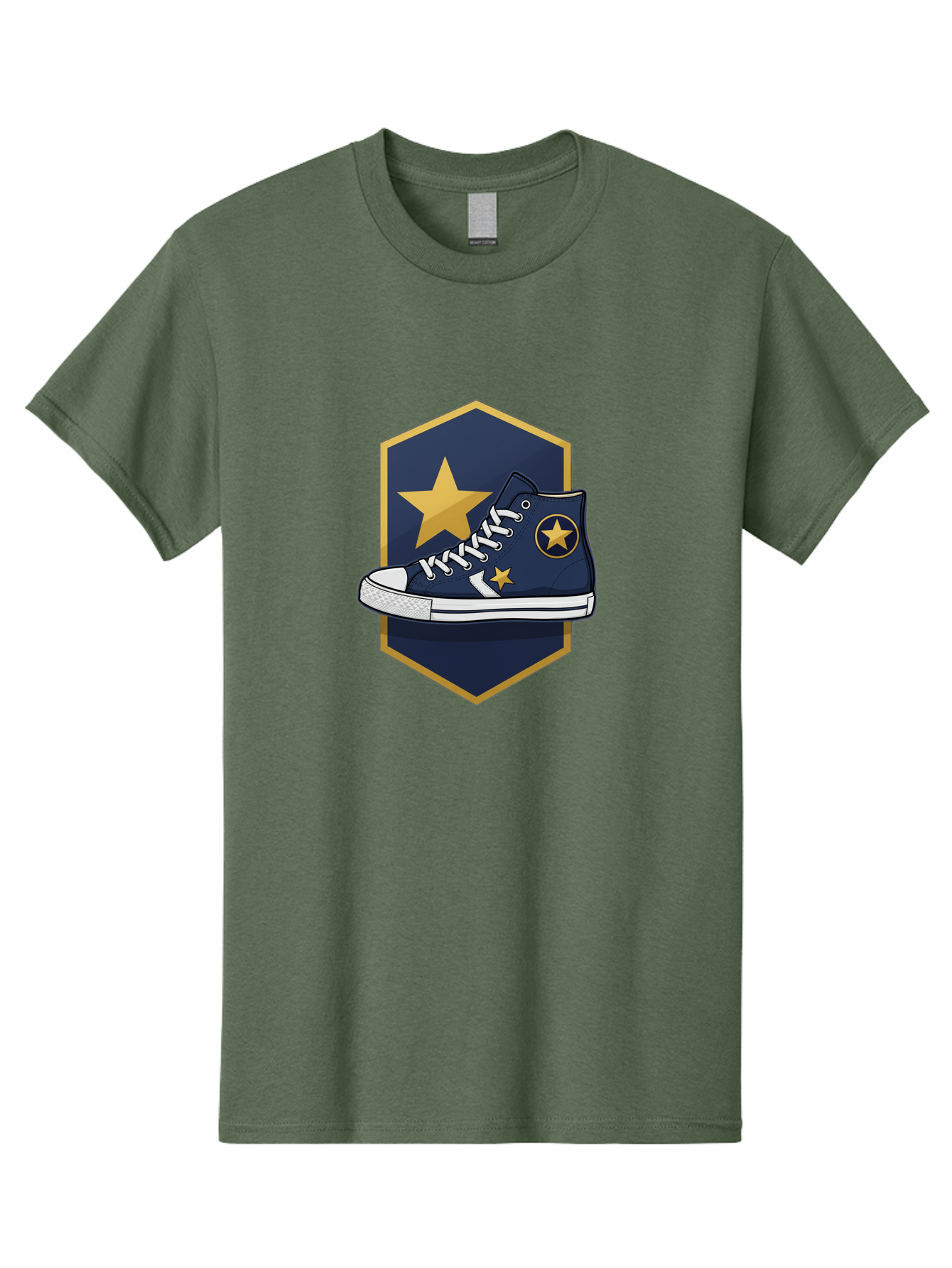 Star-Sneaker Men'S Graphic Tee, 100% Cotton, Comfortable Casual Summer Wear, Machine Washable, Navy Blue Sneaker, White Laces, Yellow Stars, Converse Style, Casual Footwear, Streetwear Fashion, Athletic Shoe, Bold Design, Gold Accents Bab458