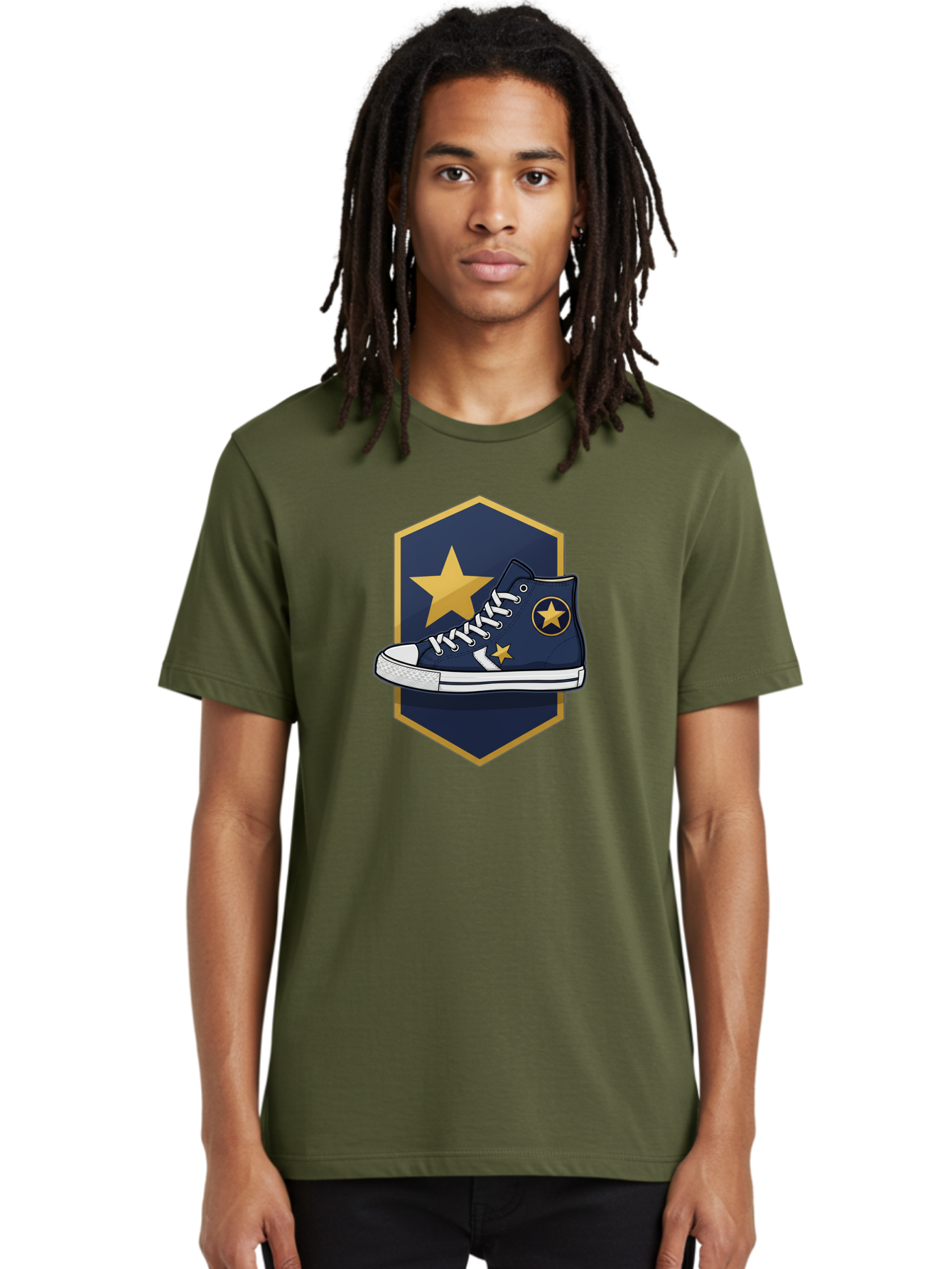 Star-Sneaker Men'S Graphic Tee, 100% Cotton, Comfortable Casual Summer Wear, Machine Washable, Navy Blue Sneaker, White Laces, Yellow Stars, Converse Style, Casual Footwear, Streetwear Fashion, Athletic Shoe, Bold Design, Gold Accents Bab458