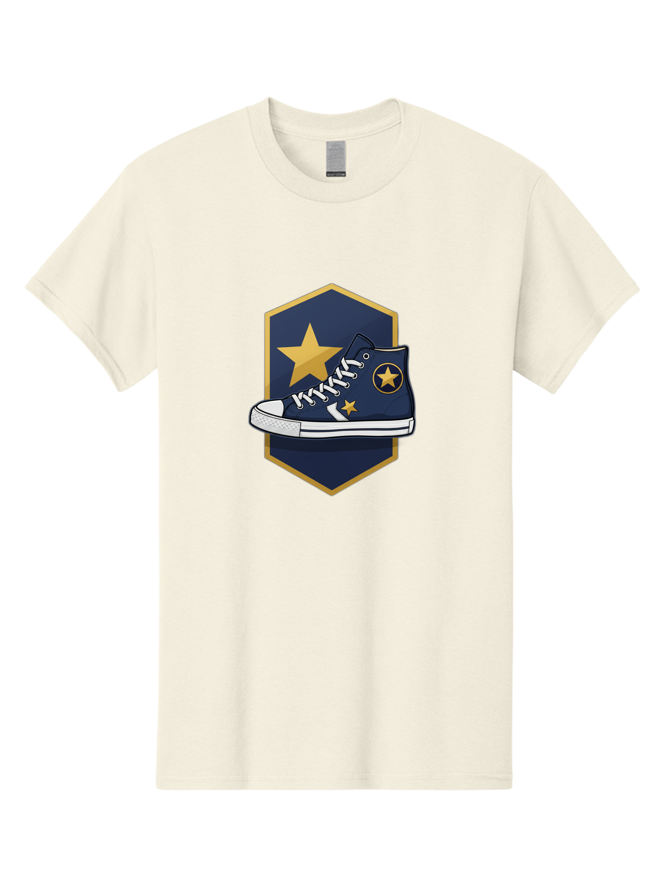 Star-Sneaker Men'S Graphic Tee, 100% Cotton, Comfortable Casual Summer Wear, Machine Washable, Navy Blue Sneaker, White Laces, Yellow Stars, Converse Style, Casual Footwear, Streetwear Fashion, Athletic Shoe, Bold Design, Gold Accents Bab458