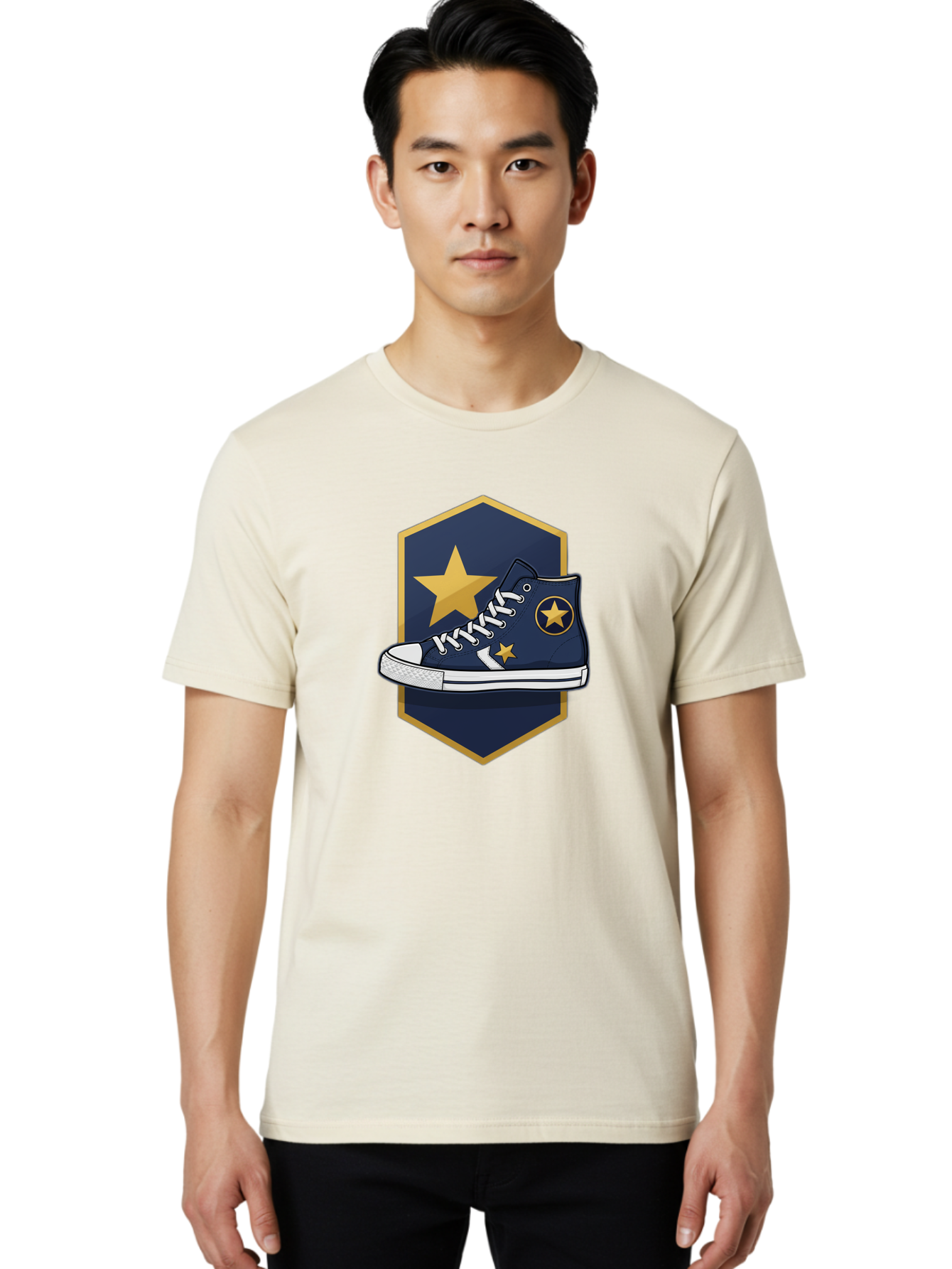 Star-Sneaker Men'S Graphic Tee, 100% Cotton, Comfortable Casual Summer Wear, Machine Washable, Navy Blue Sneaker, White Laces, Yellow Stars, Converse Style, Casual Footwear, Streetwear Fashion, Athletic Shoe, Bold Design, Gold Accents Bab458