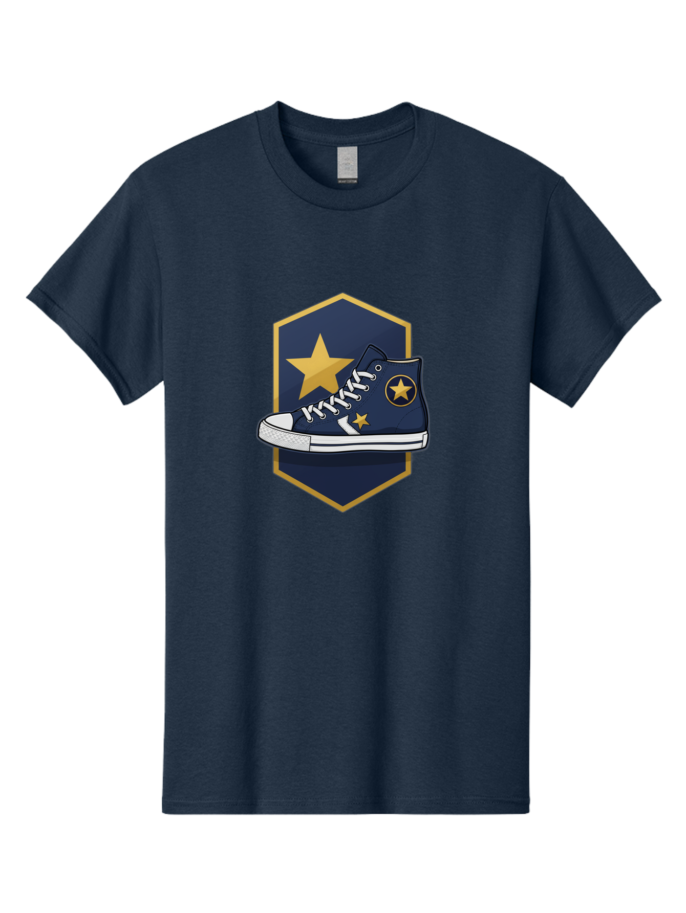 Star-Sneaker Men'S Graphic Tee, 100% Cotton, Comfortable Casual Summer Wear, Machine Washable, Navy Blue Sneaker, White Laces, Yellow Stars, Converse Style, Casual Footwear, Streetwear Fashion, Athletic Shoe, Bold Design, Gold Accents Bab458