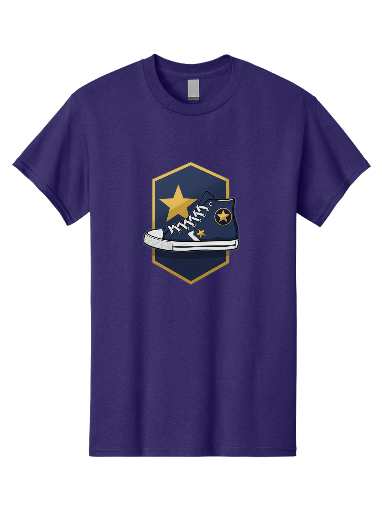 Star-Sneaker Men'S Graphic Tee, 100% Cotton, Comfortable Casual Summer Wear, Machine Washable, Navy Blue Sneaker, White Laces, Yellow Stars, Converse Style, Casual Footwear, Streetwear Fashion, Athletic Shoe, Bold Design, Gold Accents Bab458