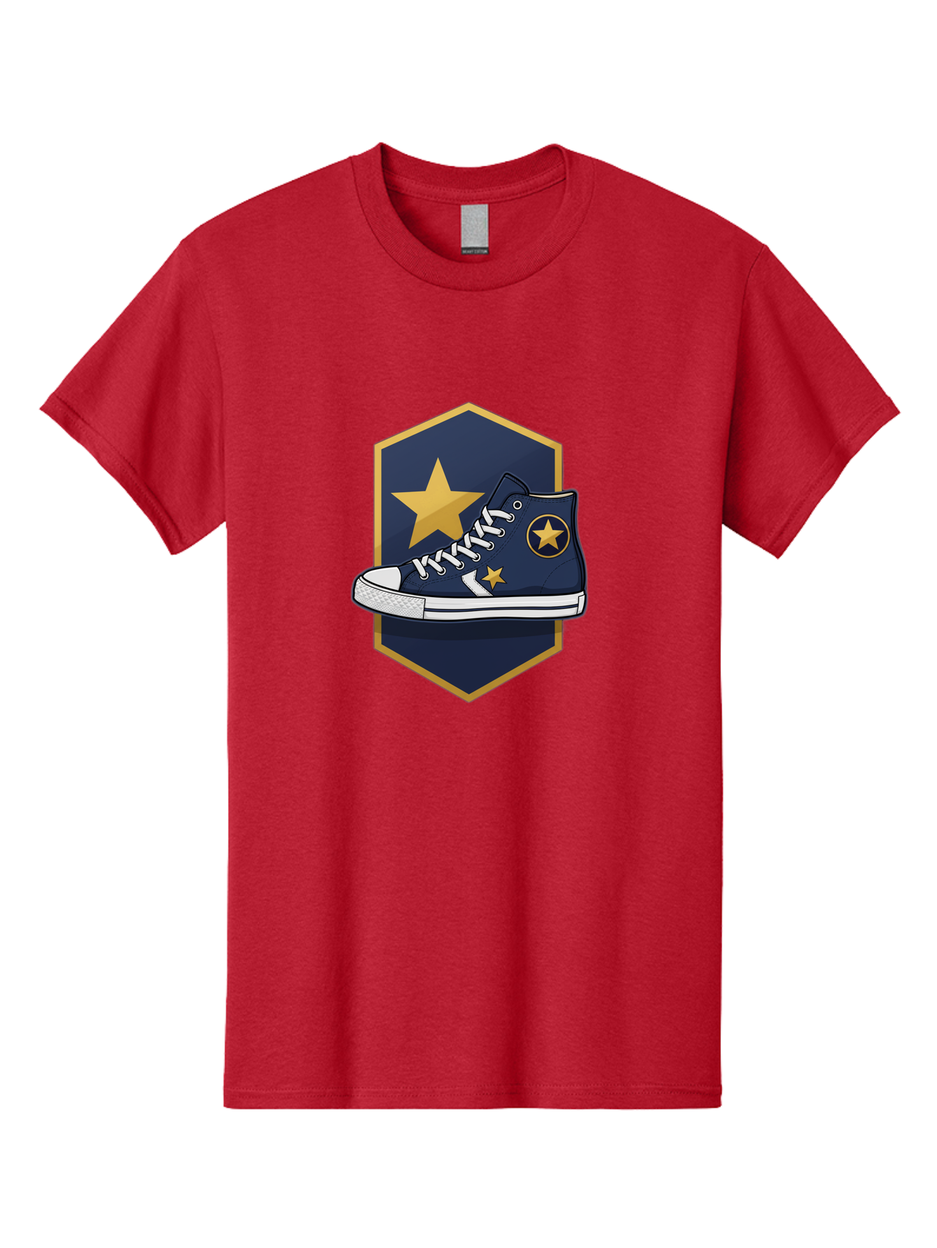 Star-Sneaker Men'S Graphic Tee, 100% Cotton, Comfortable Casual Summer Wear, Machine Washable, Navy Blue Sneaker, White Laces, Yellow Stars, Converse Style, Casual Footwear, Streetwear Fashion, Athletic Shoe, Bold Design, Gold Accents Bab458