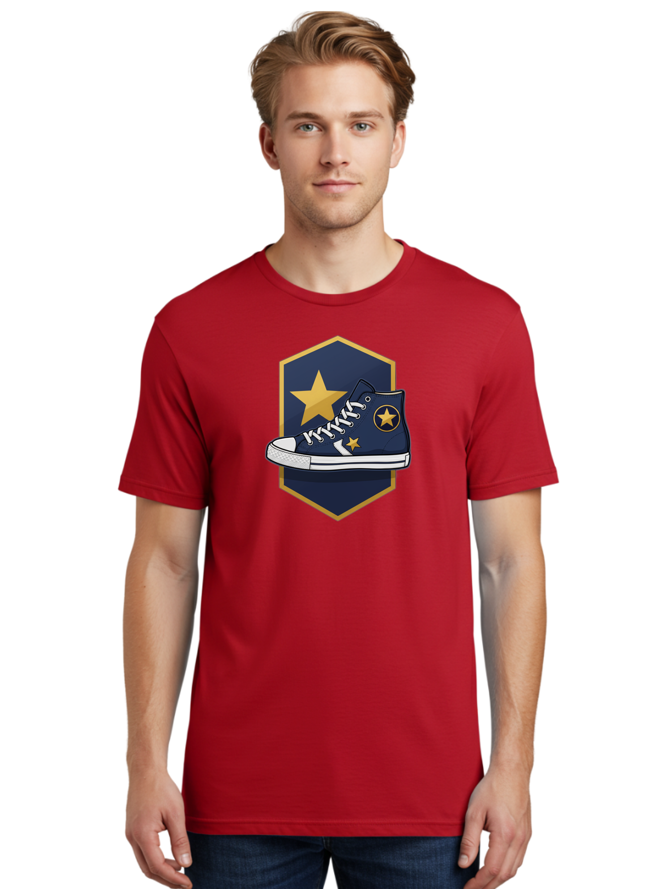 Star-Sneaker Men'S Graphic Tee, 100% Cotton, Comfortable Casual Summer Wear, Machine Washable, Navy Blue Sneaker, White Laces, Yellow Stars, Converse Style, Casual Footwear, Streetwear Fashion, Athletic Shoe, Bold Design, Gold Accents Bab458