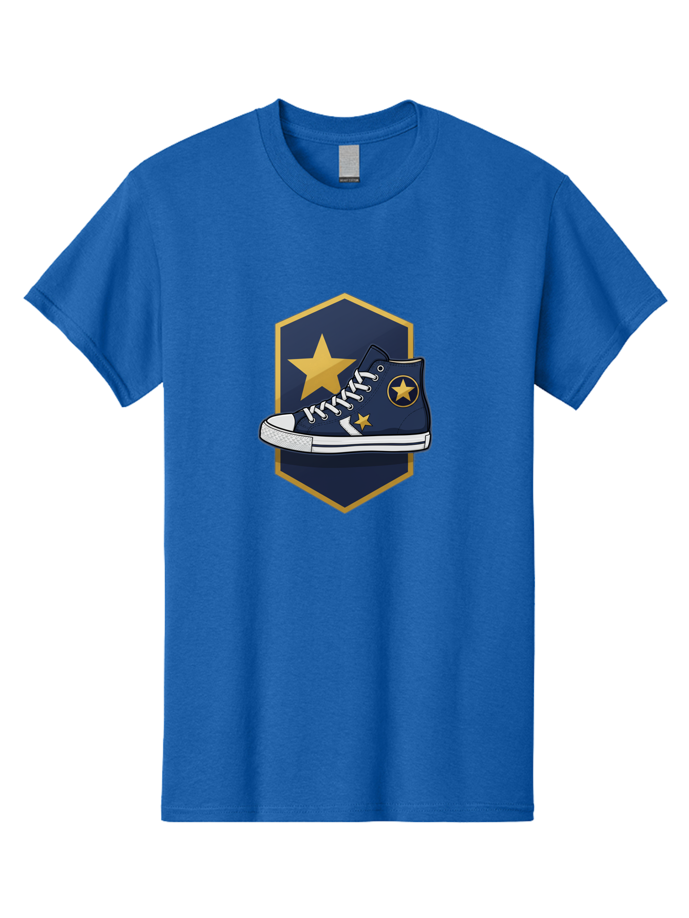 Star-Sneaker Men'S Graphic Tee, 100% Cotton, Comfortable Casual Summer Wear, Machine Washable, Navy Blue Sneaker, White Laces, Yellow Stars, Converse Style, Casual Footwear, Streetwear Fashion, Athletic Shoe, Bold Design, Gold Accents Bab458