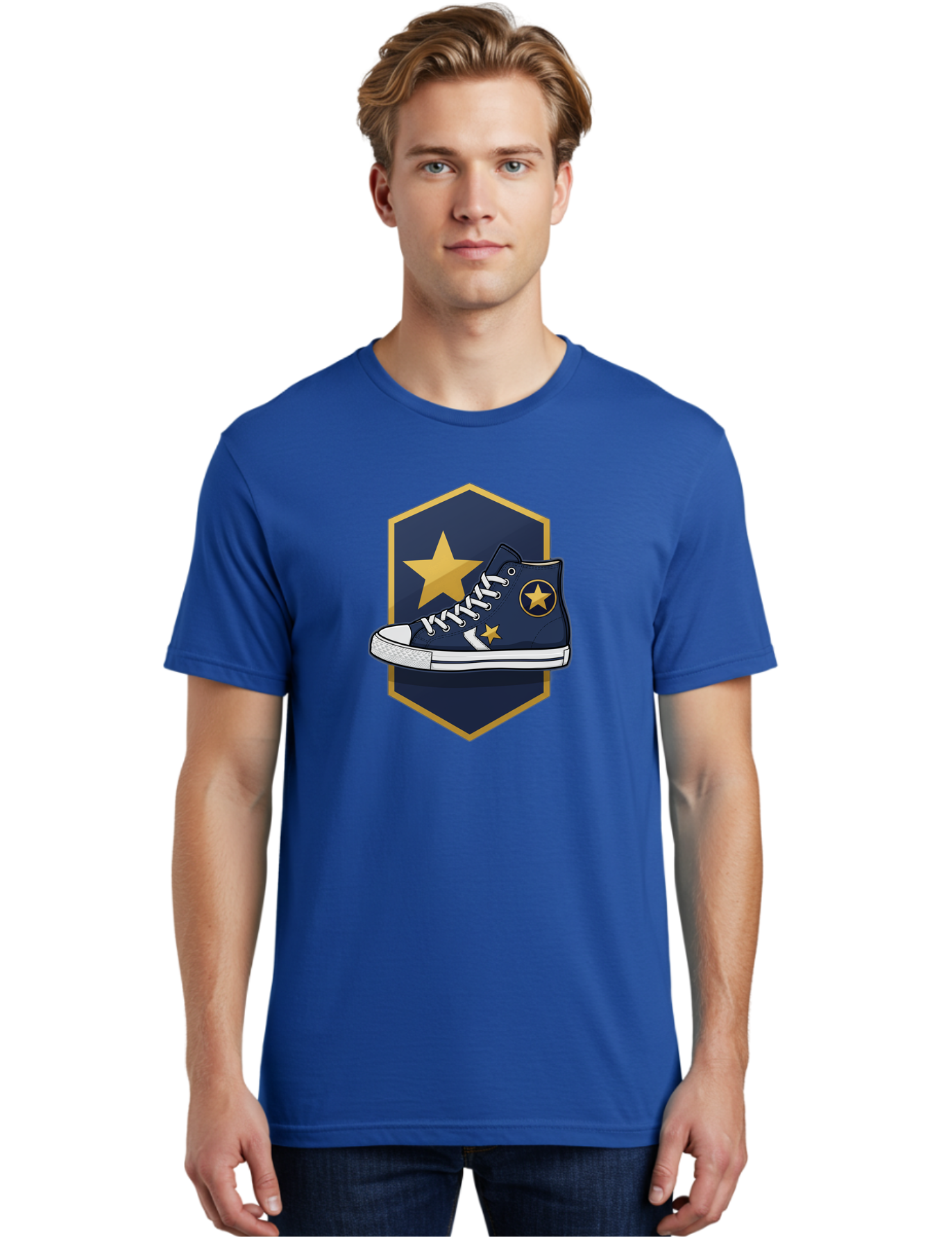 Star-Sneaker Men'S Graphic Tee, 100% Cotton, Comfortable Casual Summer Wear, Machine Washable, Navy Blue Sneaker, White Laces, Yellow Stars, Converse Style, Casual Footwear, Streetwear Fashion, Athletic Shoe, Bold Design, Gold Accents Bab458