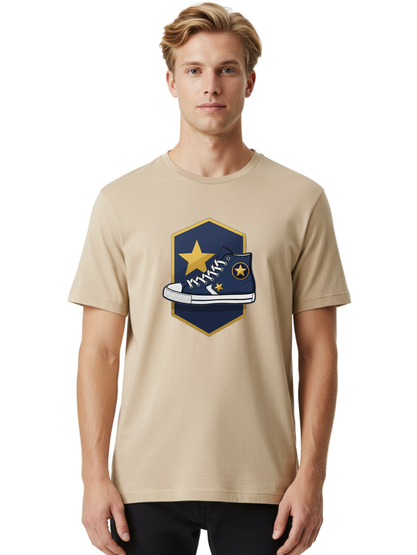 Star-Sneaker Men'S Graphic Tee, 100% Cotton, Comfortable Casual Summer Wear, Machine Washable, Navy Blue Sneaker, White Laces, Yellow Stars, Converse Style, Casual Footwear, Streetwear Fashion, Athletic Shoe, Bold Design, Gold Accents Bab458