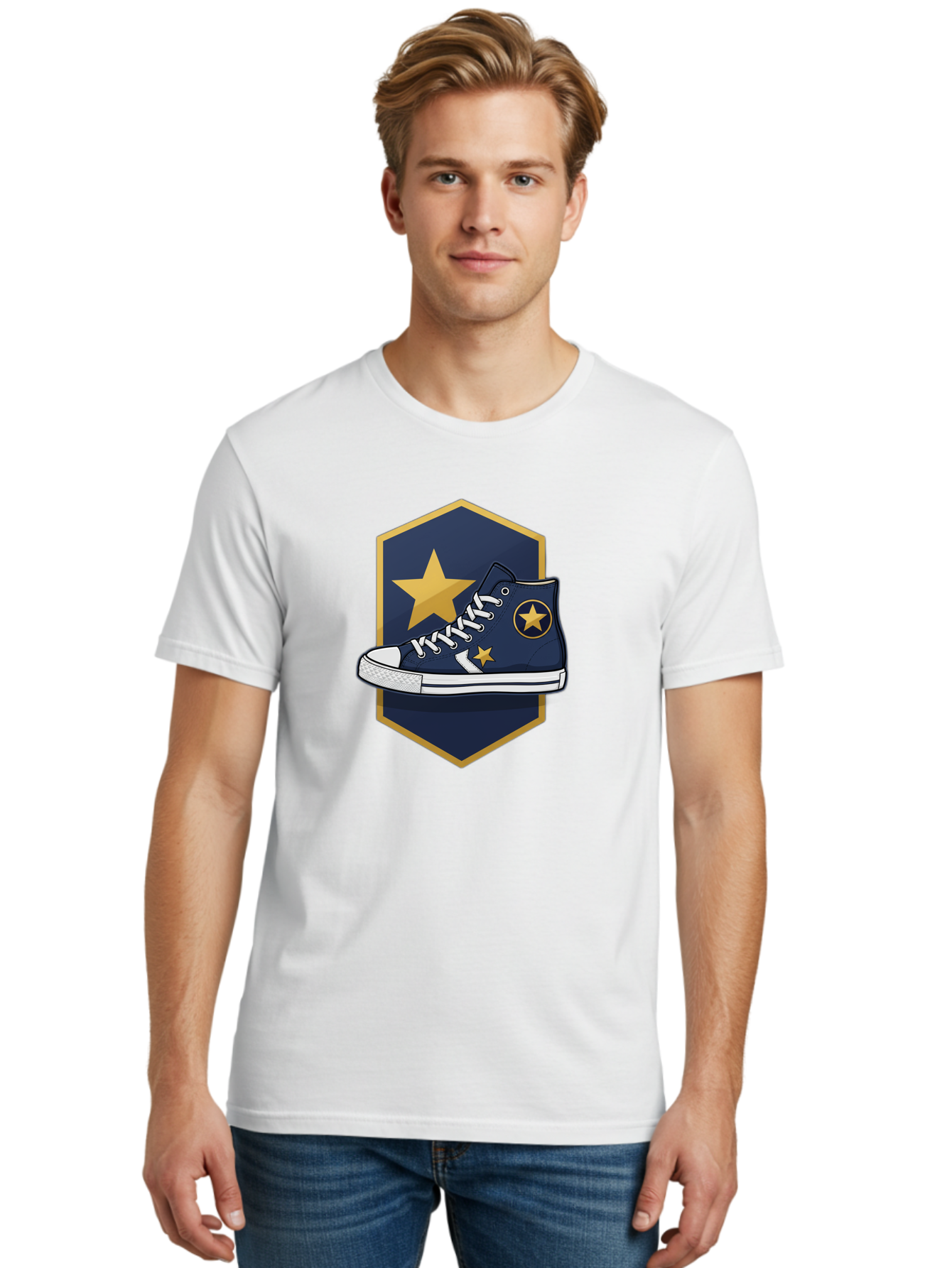 Star-Sneaker Men'S Graphic Tee, 100% Cotton, Comfortable Casual Summer Wear, Machine Washable, Navy Blue Sneaker, White Laces, Yellow Stars, Converse Style, Casual Footwear, Streetwear Fashion, Athletic Shoe, Bold Design, Gold Accents Bab458