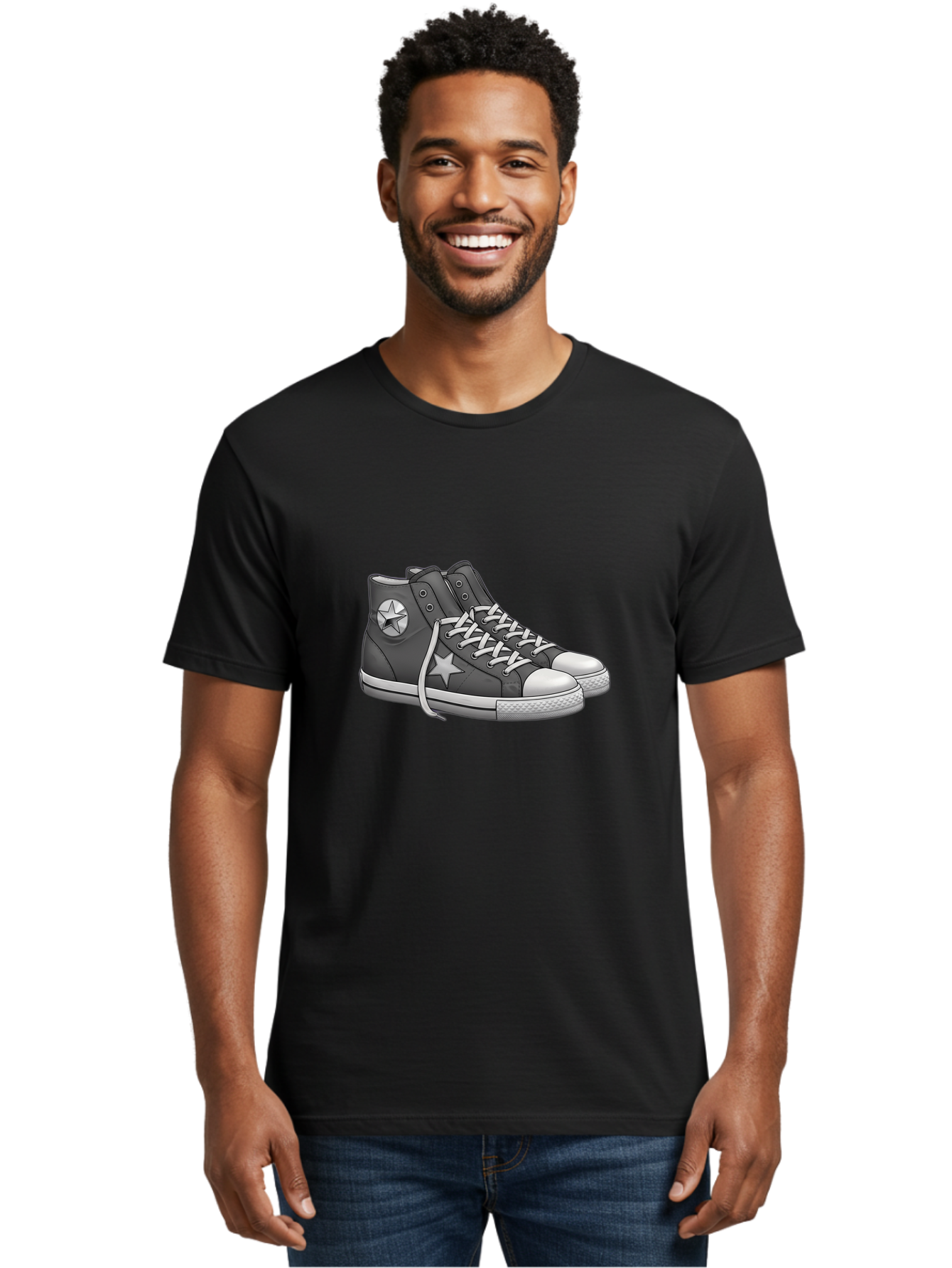 Star-Sneakers Men'S Graphic Tee, 100% Cotton, Comfortable Casual Summer Wear, Machine Washable, Black And White Sneakers, White Star Logo, Casual Footwear, Streetwear Fashion, Athletic Shoes, Minimalist Design, Converse Style Bab459