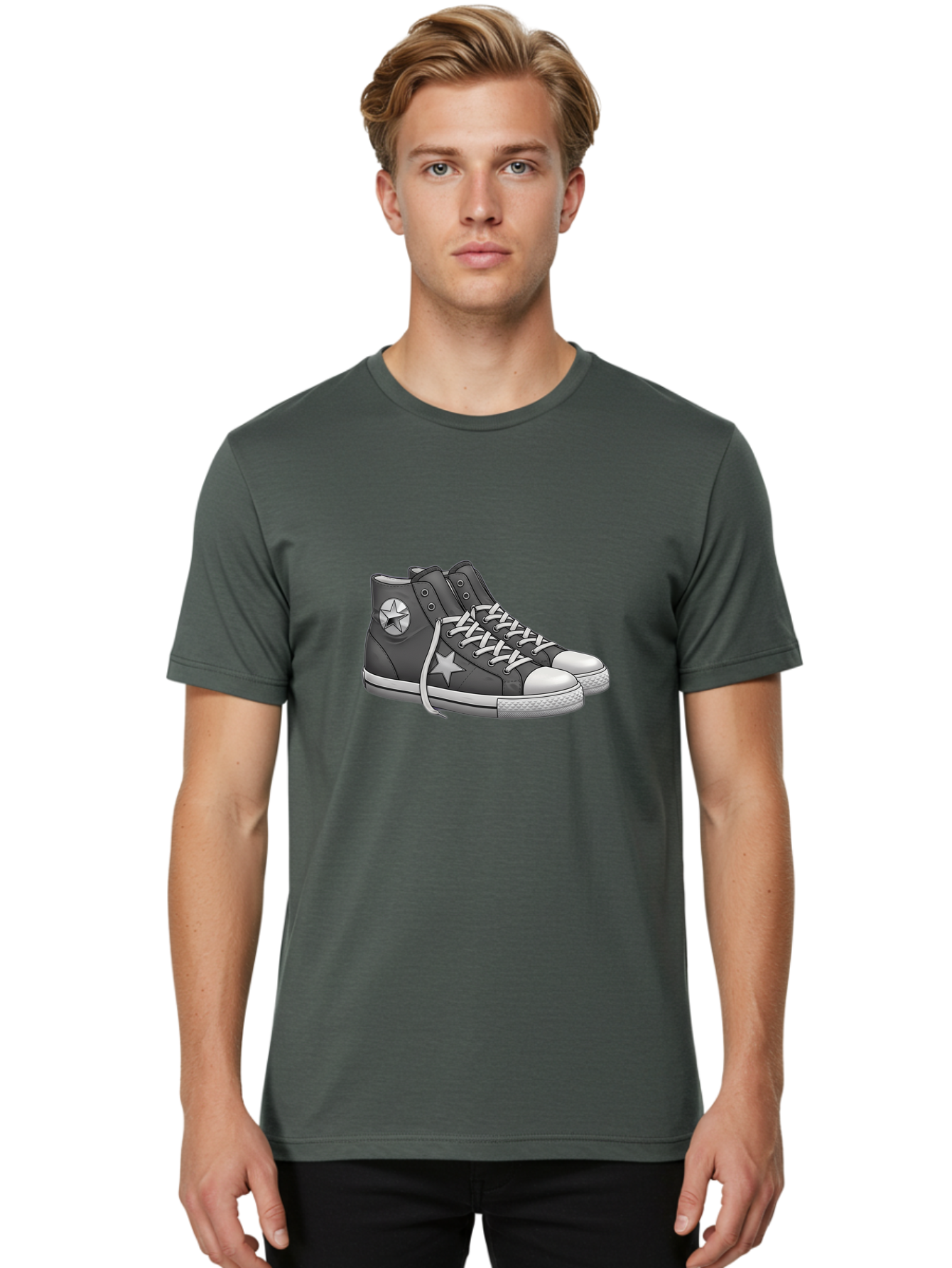 Star-Sneakers Men'S Graphic Tee, 100% Cotton, Comfortable Casual Summer Wear, Machine Washable, Black And White Sneakers, White Star Logo, Casual Footwear, Streetwear Fashion, Athletic Shoes, Minimalist Design, Converse Style Bab459