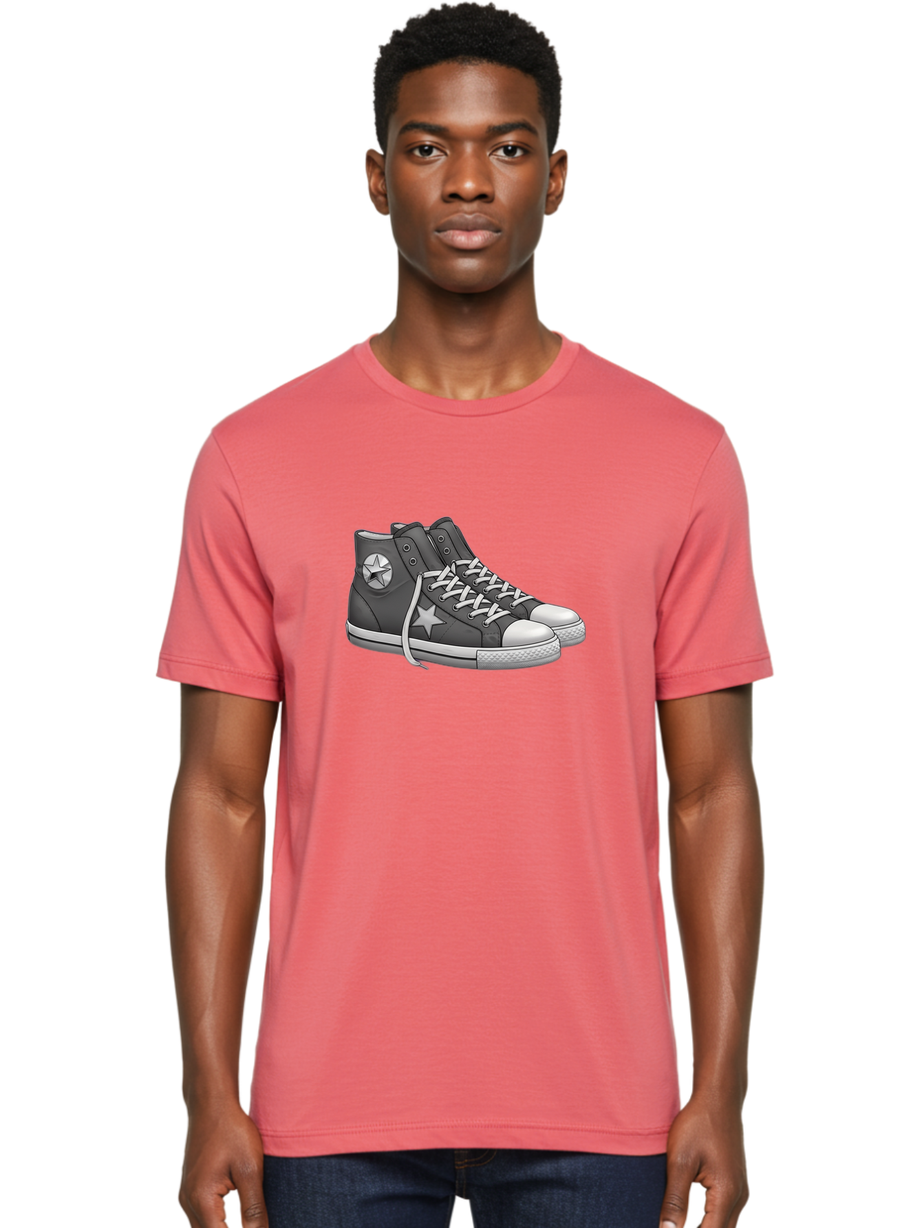 Star-Sneakers Men'S Graphic Tee, 100% Cotton, Comfortable Casual Summer Wear, Machine Washable, Black And White Sneakers, White Star Logo, Casual Footwear, Streetwear Fashion, Athletic Shoes, Minimalist Design, Converse Style Bab459