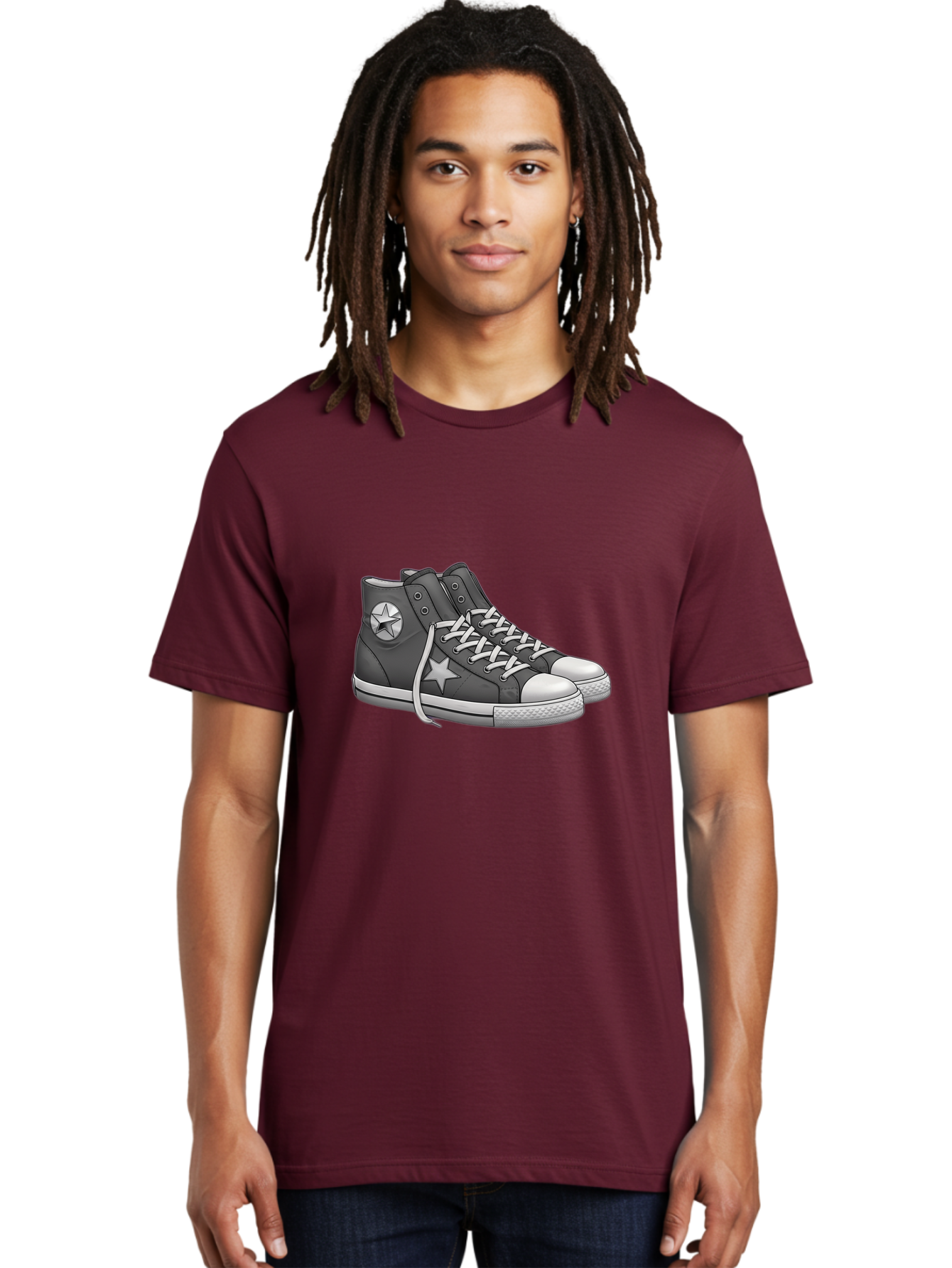 Star-Sneakers Men'S Graphic Tee, 100% Cotton, Comfortable Casual Summer Wear, Machine Washable, Black And White Sneakers, White Star Logo, Casual Footwear, Streetwear Fashion, Athletic Shoes, Minimalist Design, Converse Style Bab459