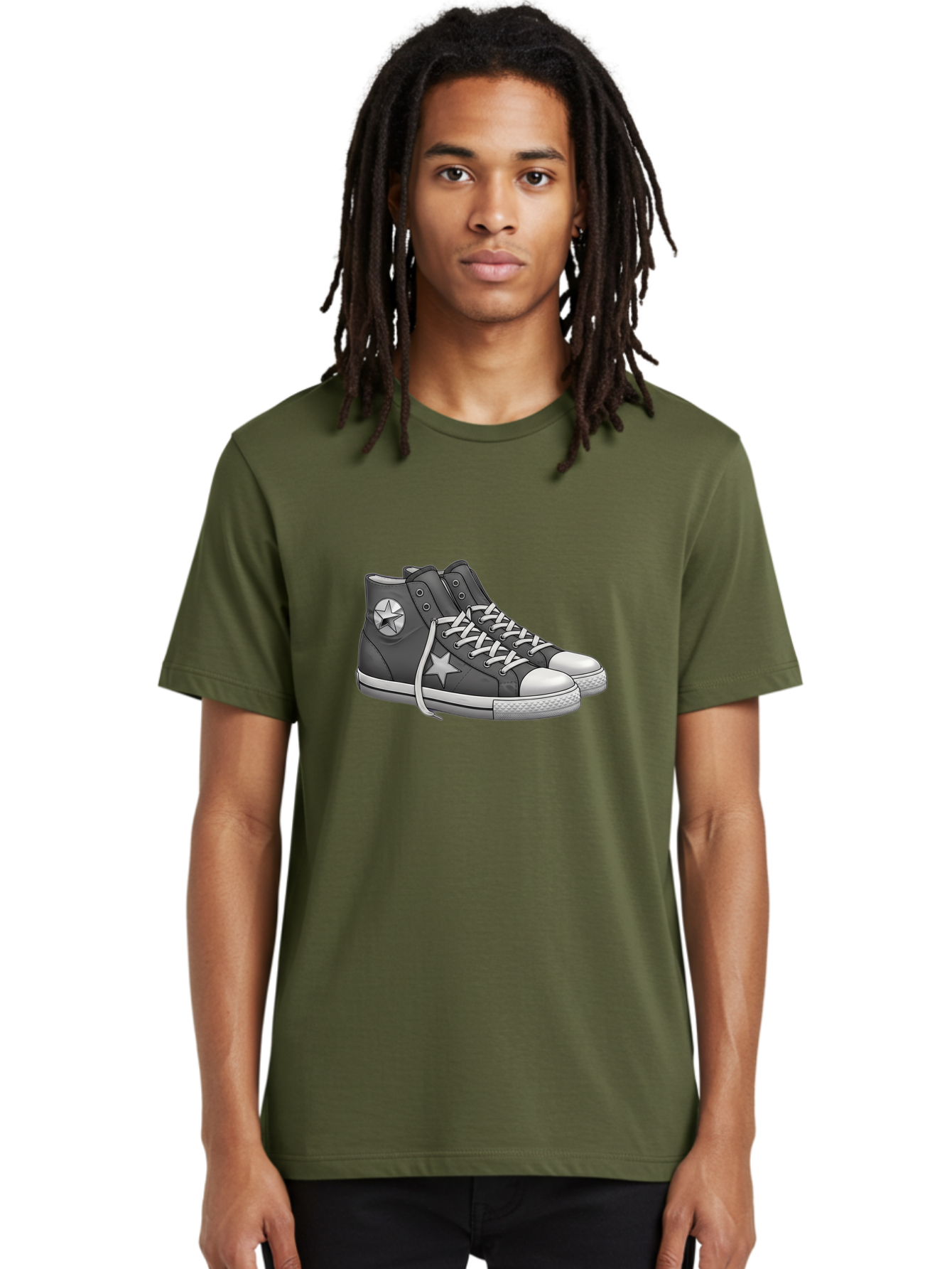 Star-Sneakers Men'S Graphic Tee, 100% Cotton, Comfortable Casual Summer Wear, Machine Washable, Black And White Sneakers, White Star Logo, Casual Footwear, Streetwear Fashion, Athletic Shoes, Minimalist Design, Converse Style Bab459