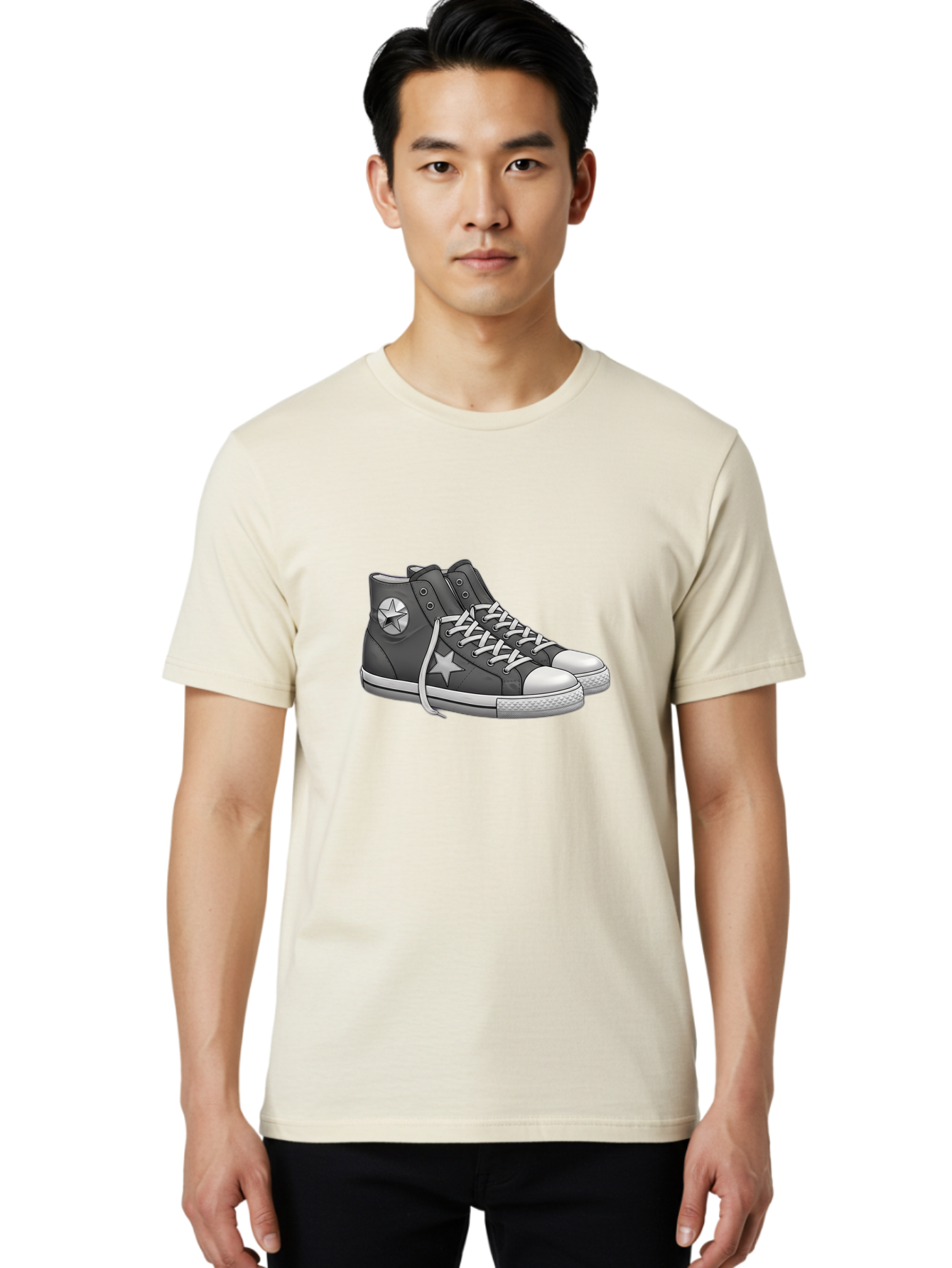 Star-Sneakers Men'S Graphic Tee, 100% Cotton, Comfortable Casual Summer Wear, Machine Washable, Black And White Sneakers, White Star Logo, Casual Footwear, Streetwear Fashion, Athletic Shoes, Minimalist Design, Converse Style Bab459