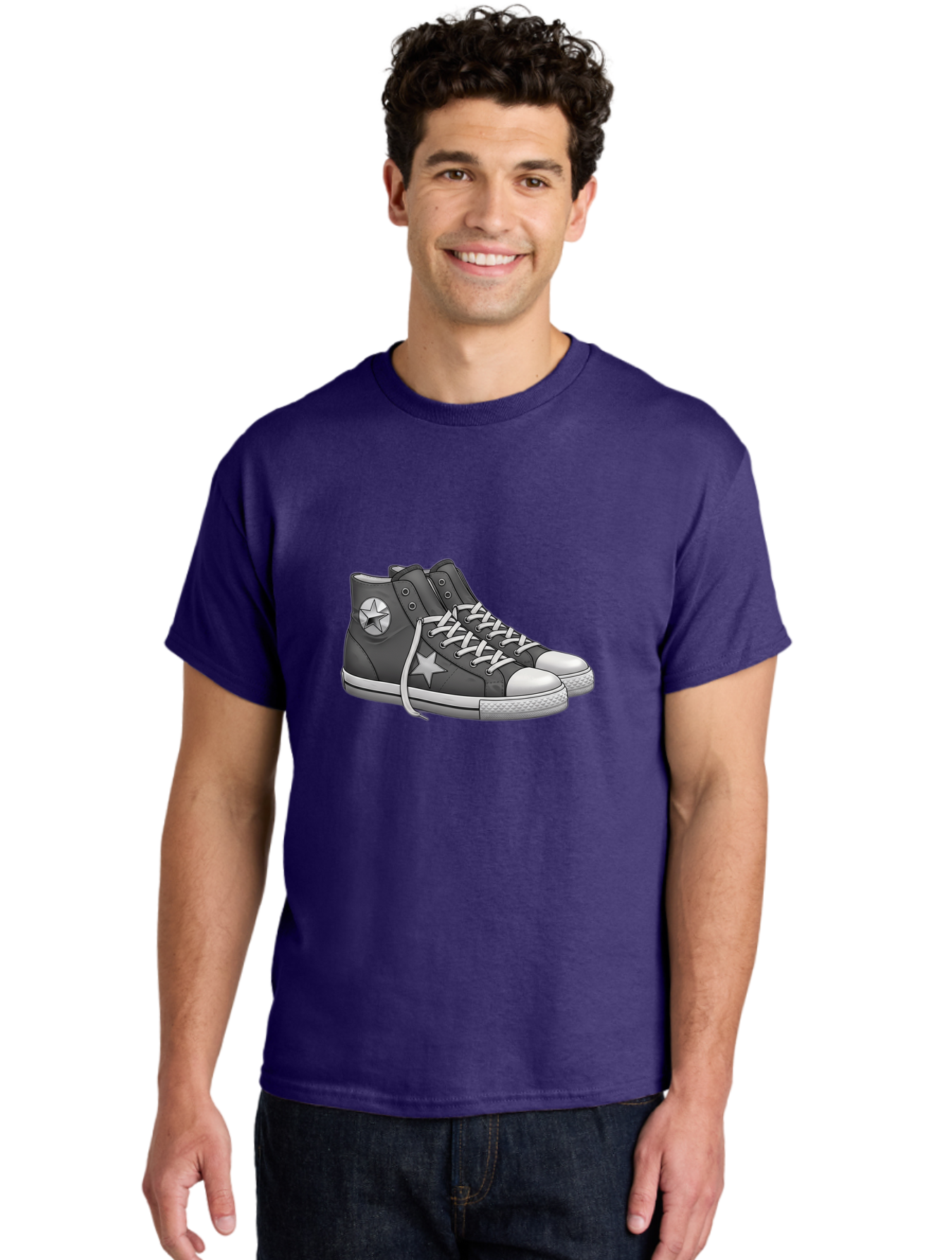 Star-Sneakers Men'S Graphic Tee, 100% Cotton, Comfortable Casual Summer Wear, Machine Washable, Black And White Sneakers, White Star Logo, Casual Footwear, Streetwear Fashion, Athletic Shoes, Minimalist Design, Converse Style Bab459