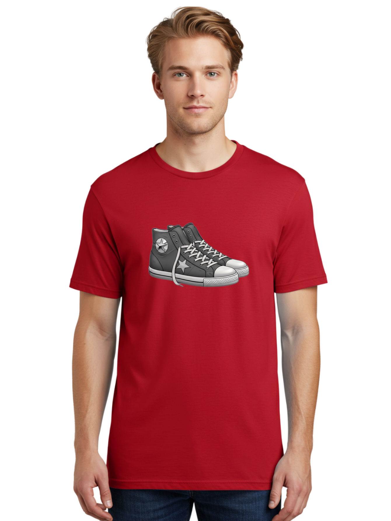 Star-Sneakers Men'S Graphic Tee, 100% Cotton, Comfortable Casual Summer Wear, Machine Washable, Black And White Sneakers, White Star Logo, Casual Footwear, Streetwear Fashion, Athletic Shoes, Minimalist Design, Converse Style Bab459
