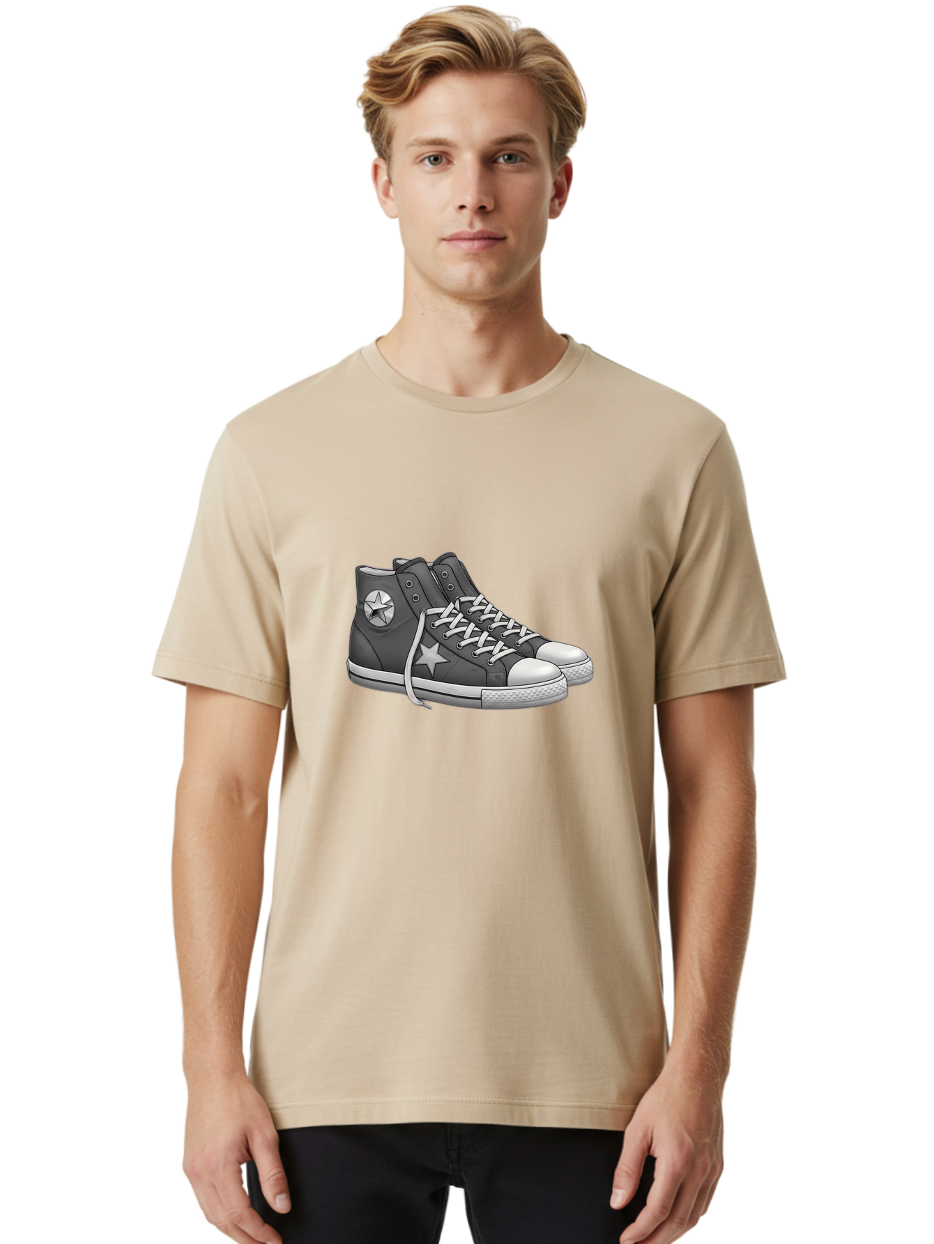 Star-Sneakers Men'S Graphic Tee, 100% Cotton, Comfortable Casual Summer Wear, Machine Washable, Black And White Sneakers, White Star Logo, Casual Footwear, Streetwear Fashion, Athletic Shoes, Minimalist Design, Converse Style Bab459