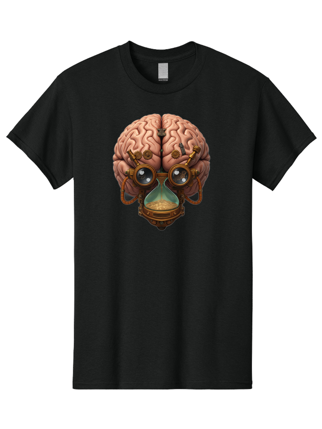 Steampunk-Brain Men'S Graphic Tee, 100% Cotton, Comfortable Casual Summer Wear, Machine Washable, Steampunk-Inspired Art, Brain With Goggles, Hourglass, Gears, Cogs, Industrial Design, Futuristic Innovation, Surrealism, Creative Imagination, Bab461