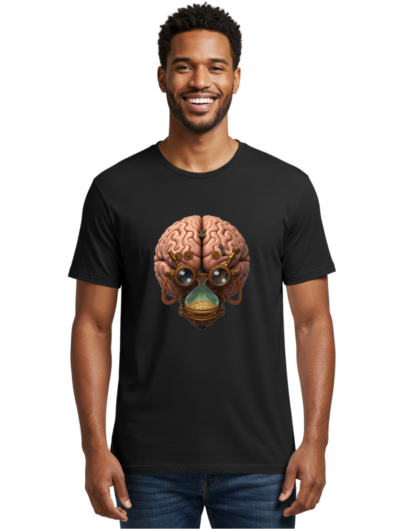 Steampunk-Brain Men'S Graphic Tee, 100% Cotton, Comfortable Casual Summer Wear, Machine Washable, Steampunk-Inspired Art, Brain With Goggles, Hourglass, Gears, Cogs, Industrial Design, Futuristic Innovation, Surrealism, Creative Imagination, Bab461