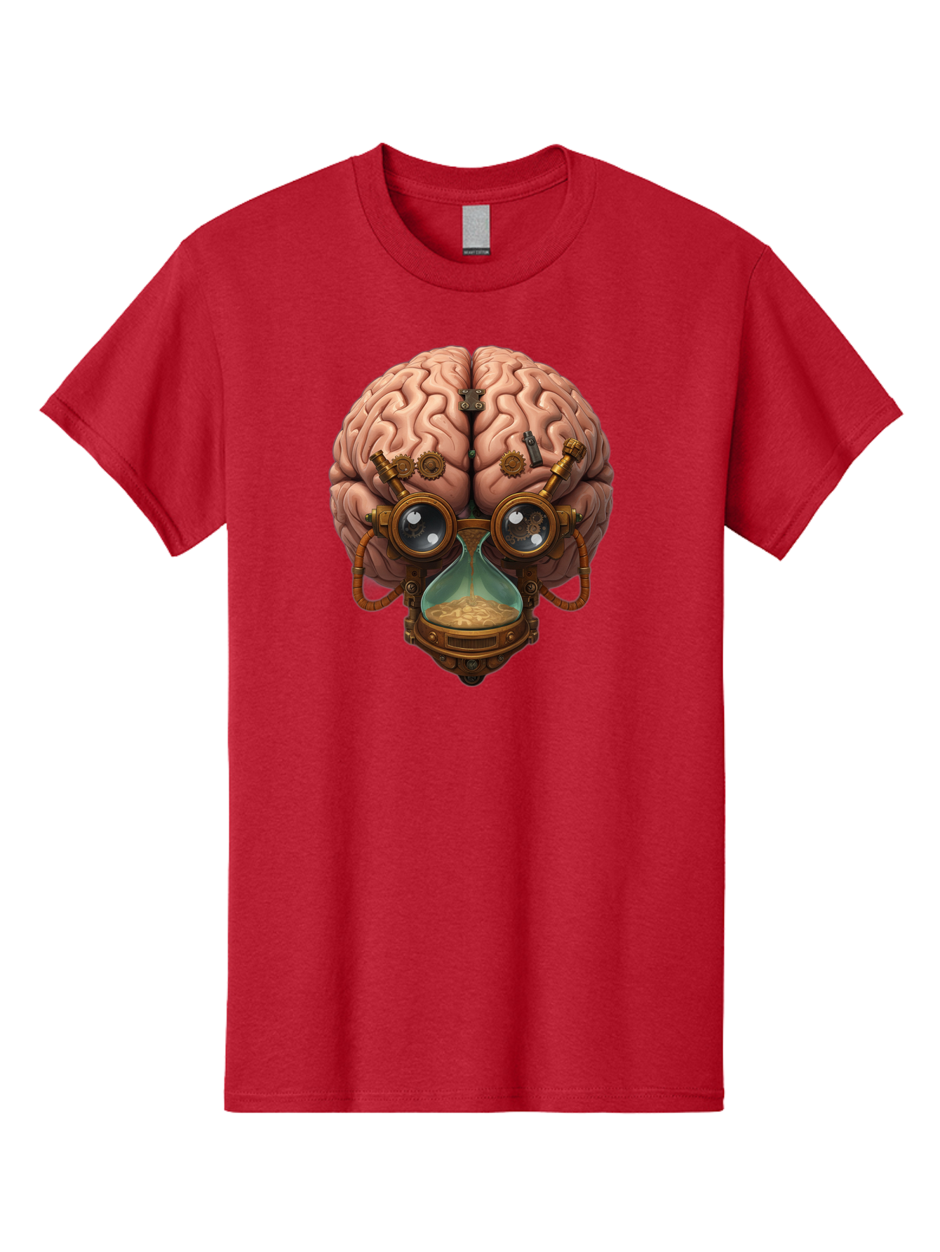 Steampunk-Brain Men'S Graphic Tee, 100% Cotton, Comfortable Casual Summer Wear, Machine Washable, Steampunk-Inspired Art, Brain With Goggles, Hourglass, Gears, Cogs, Industrial Design, Futuristic Innovation, Surrealism, Creative Imagination, Bab461