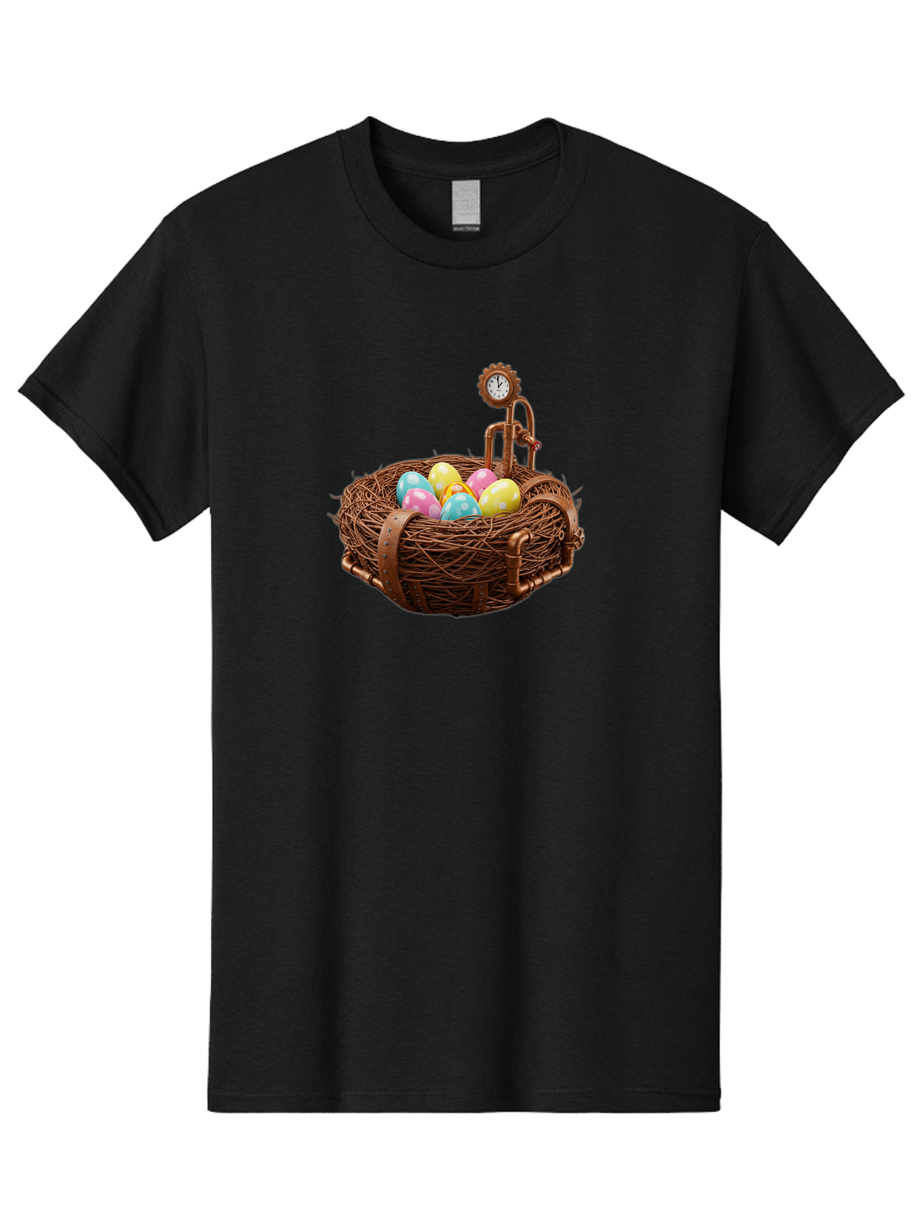 Steampunk-Nest Men'S Graphic Tee, 100% Cotton, Comfortable Casual Summer Wear, Machine Washable, Steampunk Nest, Copper Clock, Pastel Eggs, Vintage Timepiece, Industrial Eggs, Unique Clockwork, Quirky Art Bab462