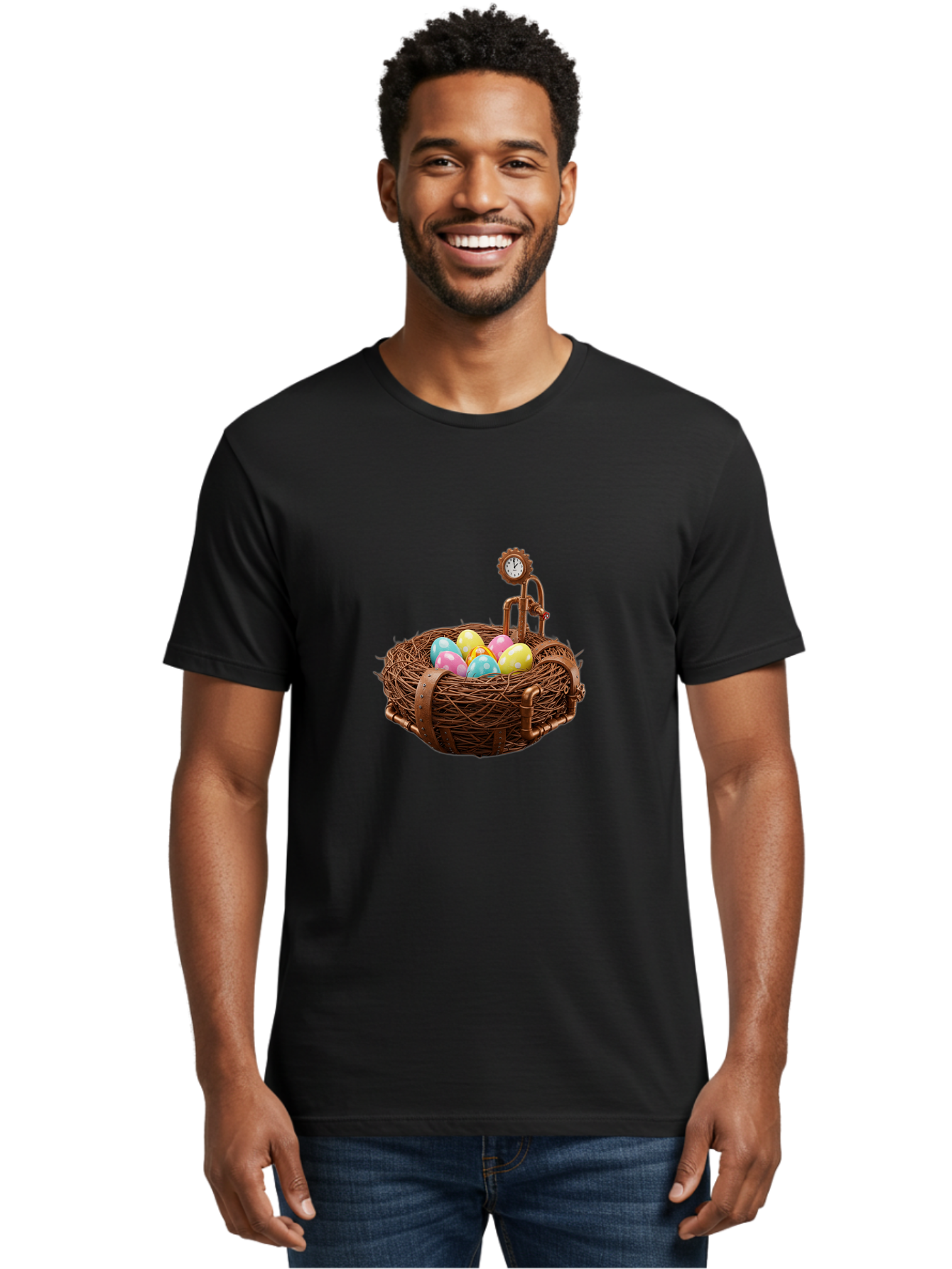 Steampunk-Nest Men'S Graphic Tee, 100% Cotton, Comfortable Casual Summer Wear, Machine Washable, Steampunk Nest, Copper Clock, Pastel Eggs, Vintage Timepiece, Industrial Eggs, Unique Clockwork, Quirky Art Bab462