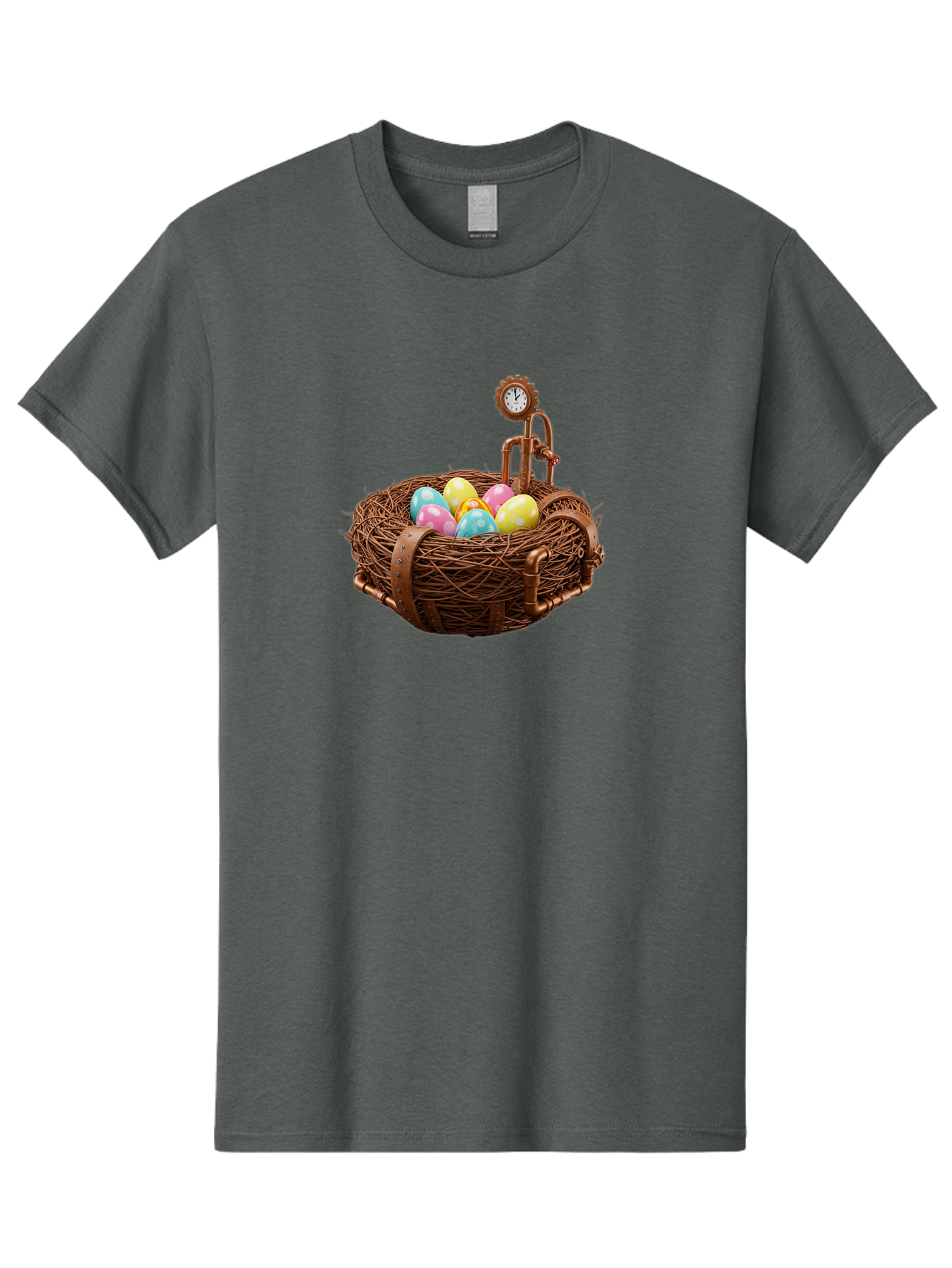 Steampunk-Nest Men'S Graphic Tee, 100% Cotton, Comfortable Casual Summer Wear, Machine Washable, Steampunk Nest, Copper Clock, Pastel Eggs, Vintage Timepiece, Industrial Eggs, Unique Clockwork, Quirky Art Bab462