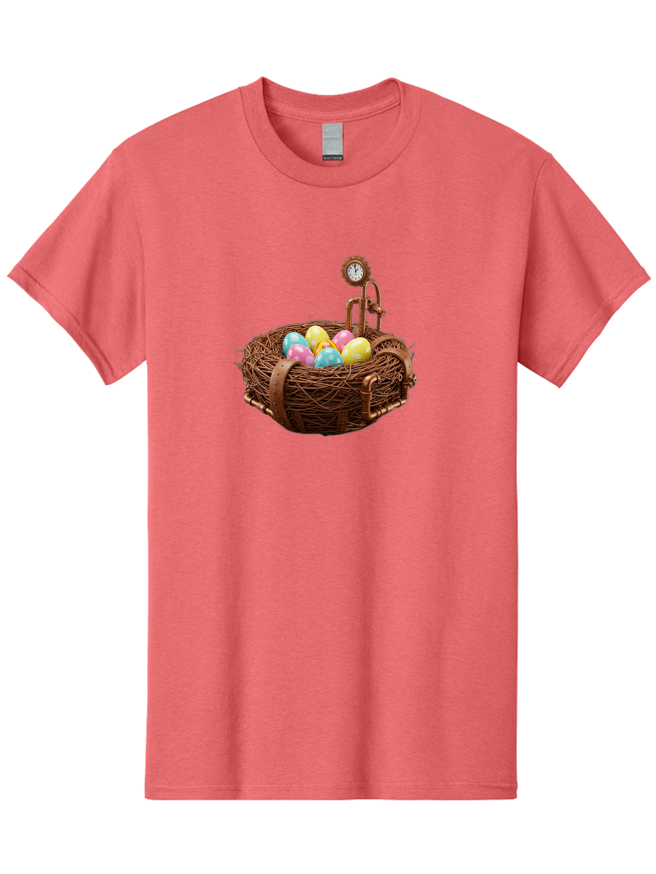 Steampunk-Nest Men'S Graphic Tee, 100% Cotton, Comfortable Casual Summer Wear, Machine Washable, Steampunk Nest, Copper Clock, Pastel Eggs, Vintage Timepiece, Industrial Eggs, Unique Clockwork, Quirky Art Bab462