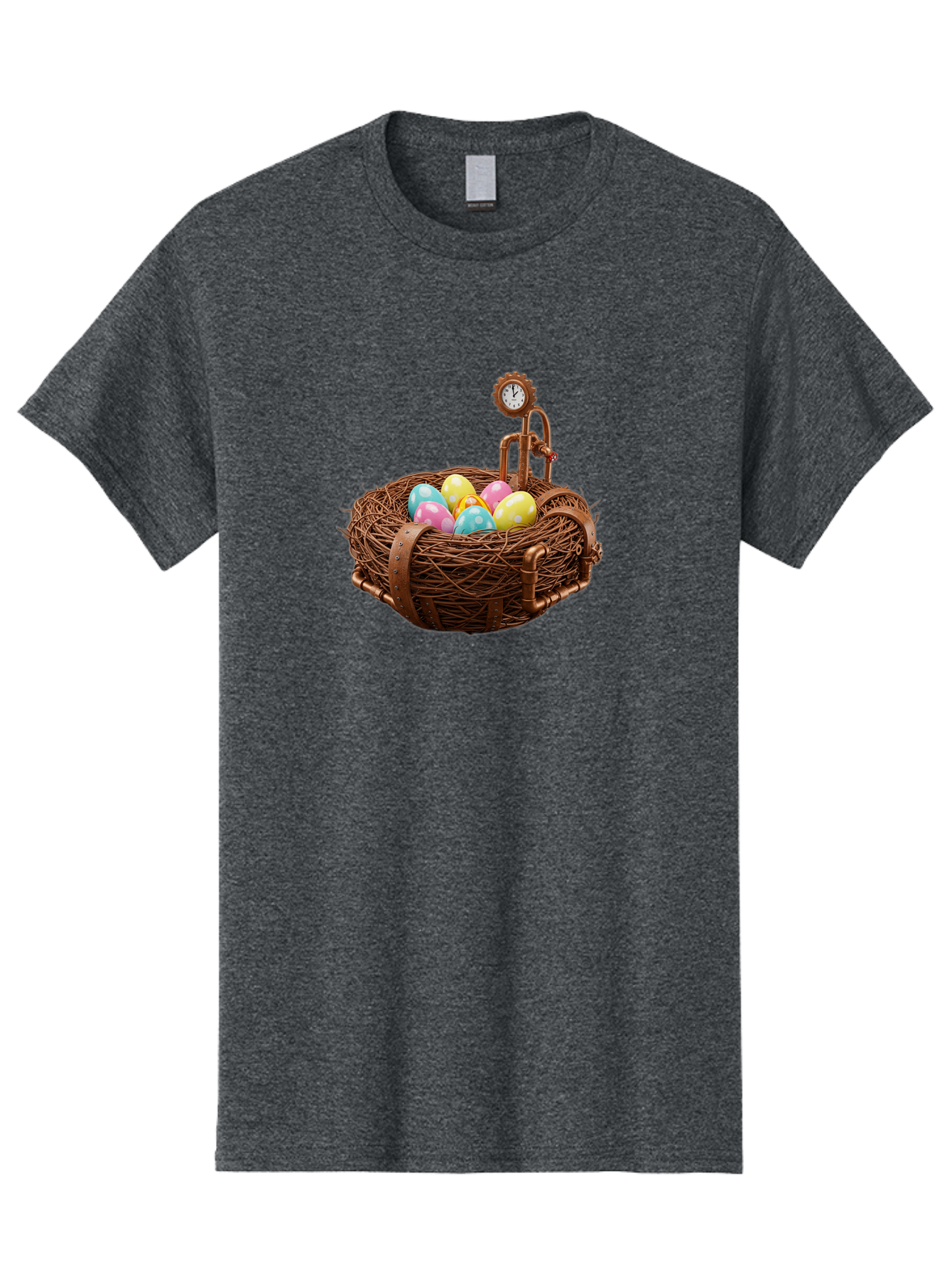 Steampunk-Nest Men'S Graphic Tee, 100% Cotton, Comfortable Casual Summer Wear, Machine Washable, Steampunk Nest, Copper Clock, Pastel Eggs, Vintage Timepiece, Industrial Eggs, Unique Clockwork, Quirky Art Bab462