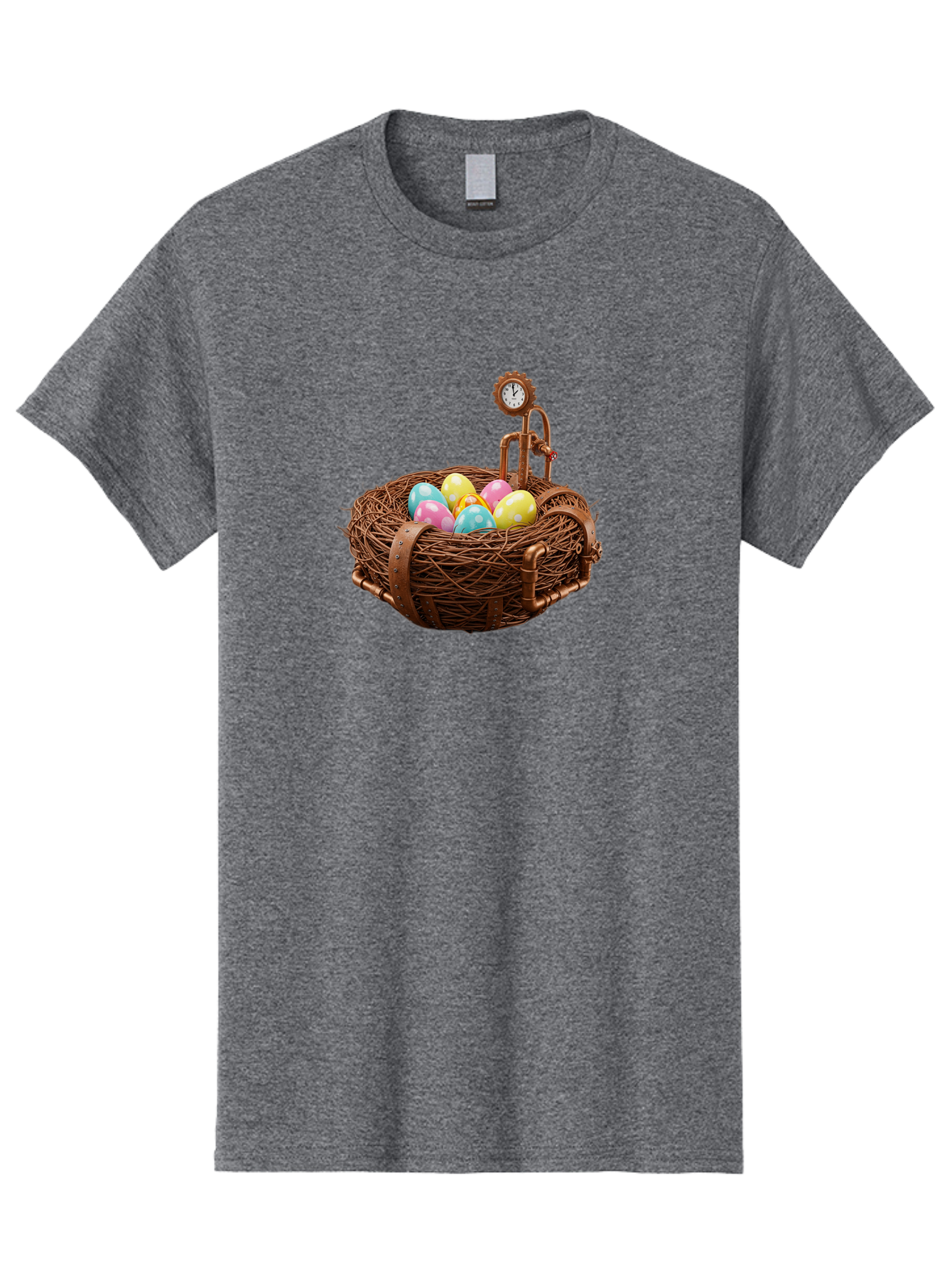 Steampunk-Nest Men'S Graphic Tee, 100% Cotton, Comfortable Casual Summer Wear, Machine Washable, Steampunk Nest, Copper Clock, Pastel Eggs, Vintage Timepiece, Industrial Eggs, Unique Clockwork, Quirky Art Bab462