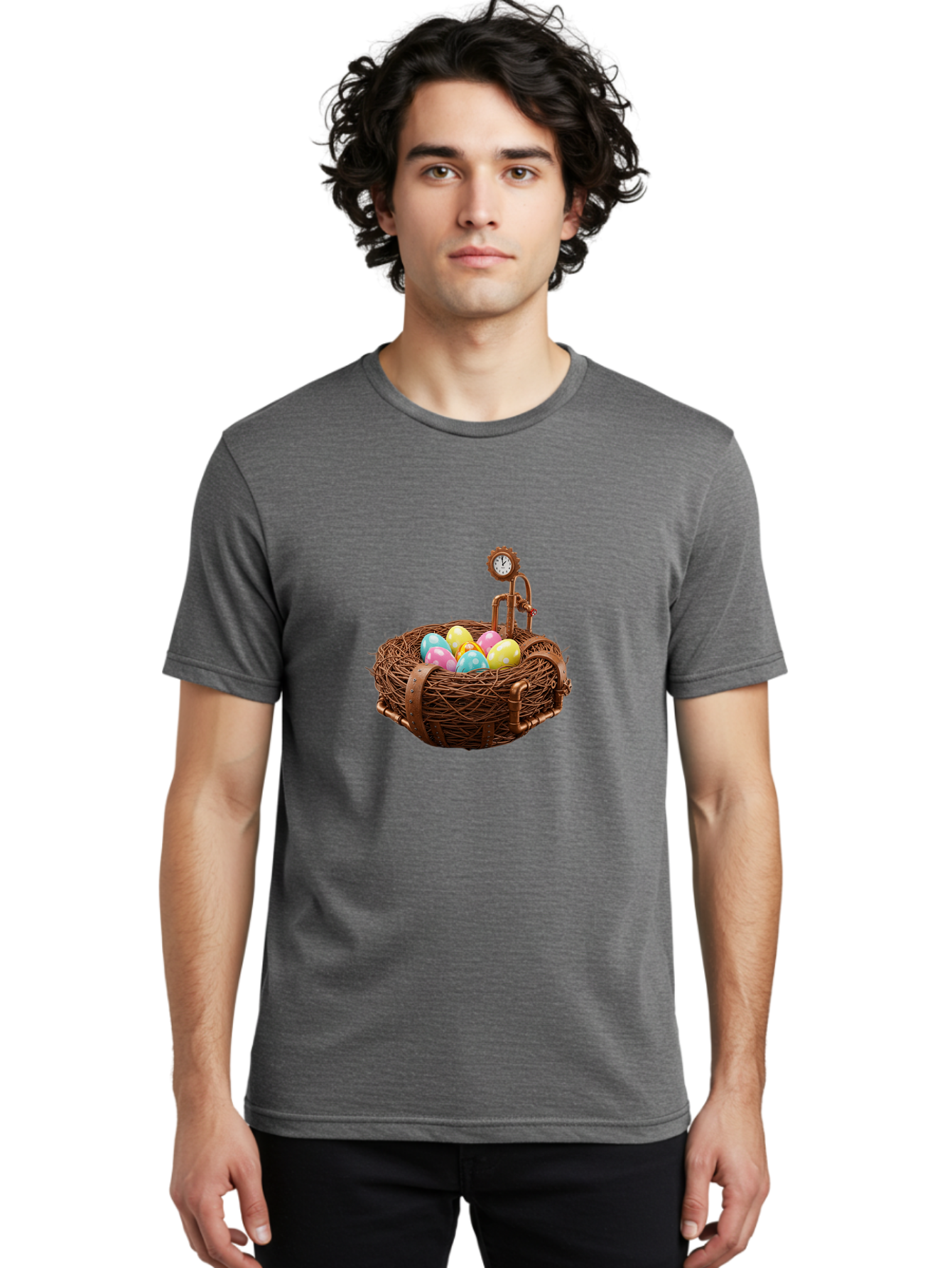 Steampunk-Nest Men'S Graphic Tee, 100% Cotton, Comfortable Casual Summer Wear, Machine Washable, Steampunk Nest, Copper Clock, Pastel Eggs, Vintage Timepiece, Industrial Eggs, Unique Clockwork, Quirky Art Bab462