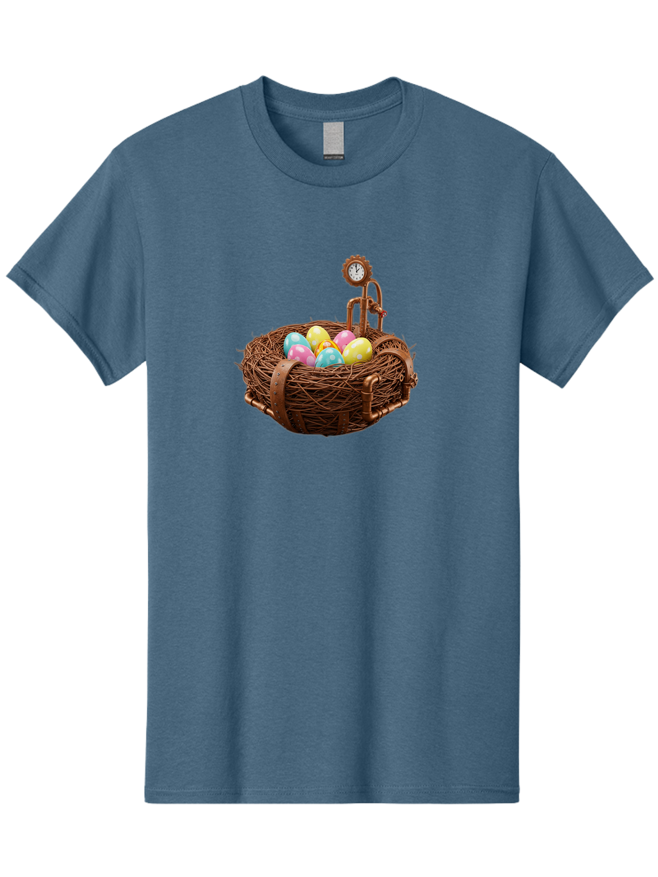 Steampunk-Nest Men'S Graphic Tee, 100% Cotton, Comfortable Casual Summer Wear, Machine Washable, Steampunk Nest, Copper Clock, Pastel Eggs, Vintage Timepiece, Industrial Eggs, Unique Clockwork, Quirky Art Bab462