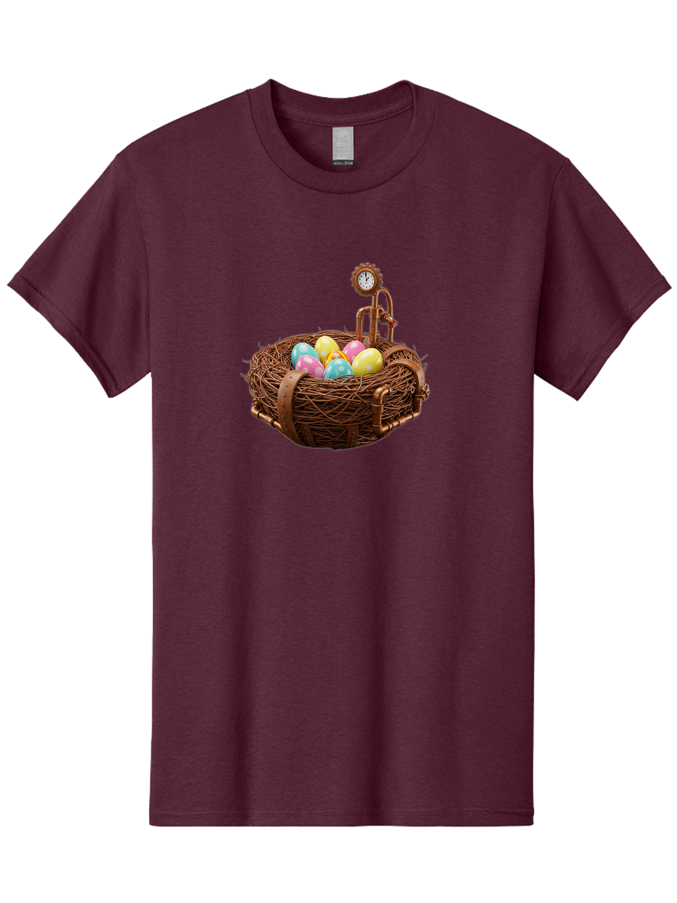 Steampunk-Nest Men'S Graphic Tee, 100% Cotton, Comfortable Casual Summer Wear, Machine Washable, Steampunk Nest, Copper Clock, Pastel Eggs, Vintage Timepiece, Industrial Eggs, Unique Clockwork, Quirky Art Bab462