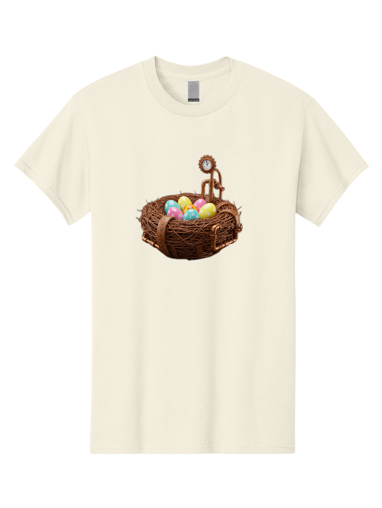 Steampunk-Nest Men'S Graphic Tee, 100% Cotton, Comfortable Casual Summer Wear, Machine Washable, Steampunk Nest, Copper Clock, Pastel Eggs, Vintage Timepiece, Industrial Eggs, Unique Clockwork, Quirky Art Bab462