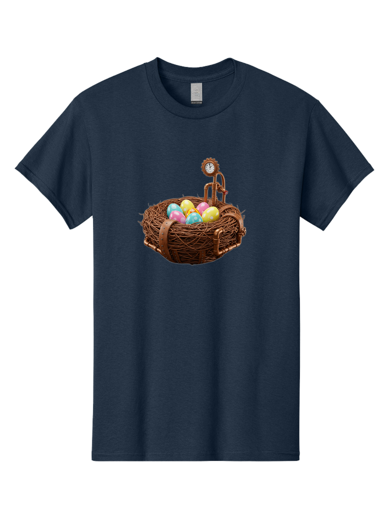 Steampunk-Nest Men'S Graphic Tee, 100% Cotton, Comfortable Casual Summer Wear, Machine Washable, Steampunk Nest, Copper Clock, Pastel Eggs, Vintage Timepiece, Industrial Eggs, Unique Clockwork, Quirky Art Bab462