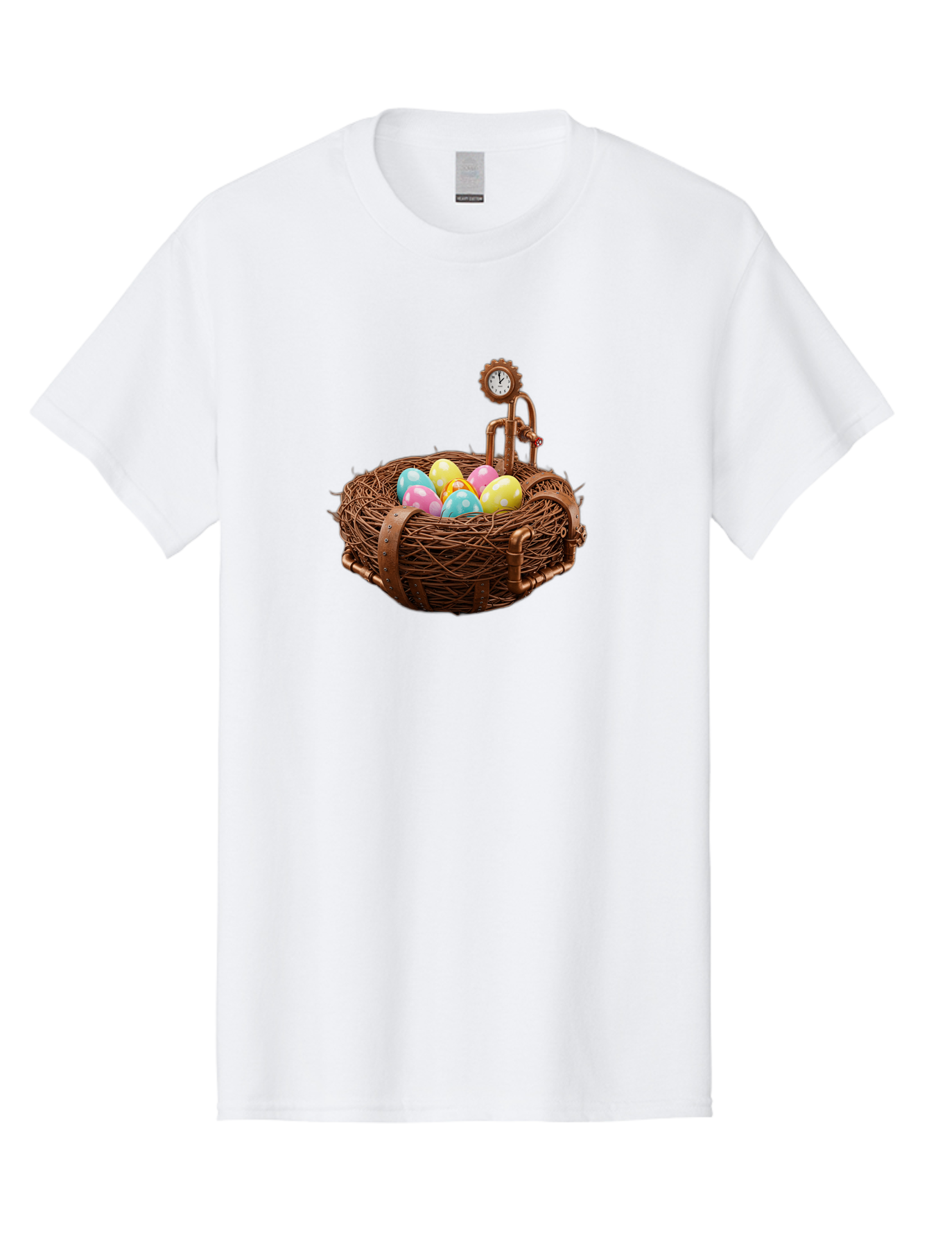 Steampunk-Nest Men'S Graphic Tee, 100% Cotton, Comfortable Casual Summer Wear, Machine Washable, Steampunk Nest, Copper Clock, Pastel Eggs, Vintage Timepiece, Industrial Eggs, Unique Clockwork, Quirky Art Bab462