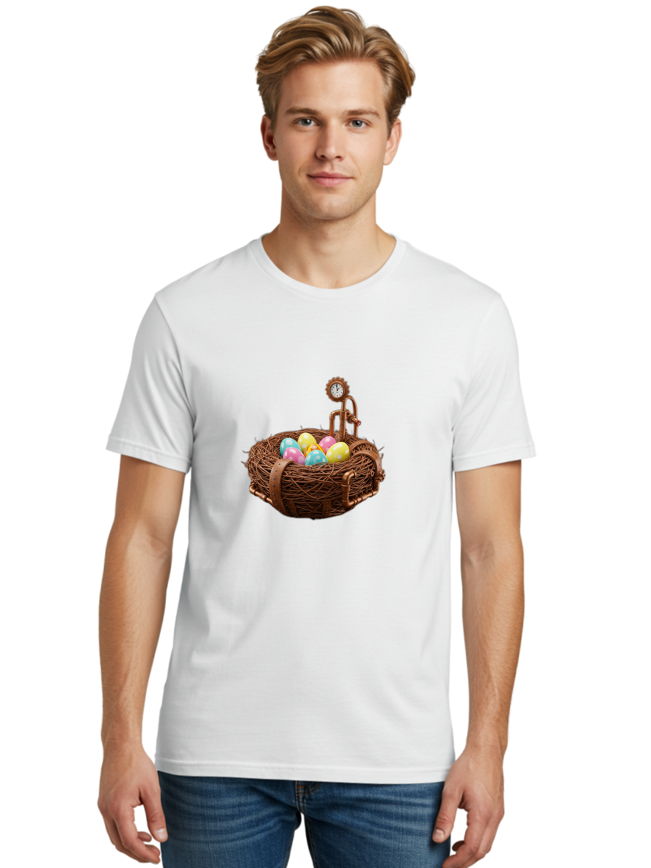 Steampunk-Nest Men'S Graphic Tee, 100% Cotton, Comfortable Casual Summer Wear, Machine Washable, Steampunk Nest, Copper Clock, Pastel Eggs, Vintage Timepiece, Industrial Eggs, Unique Clockwork, Quirky Art Bab462