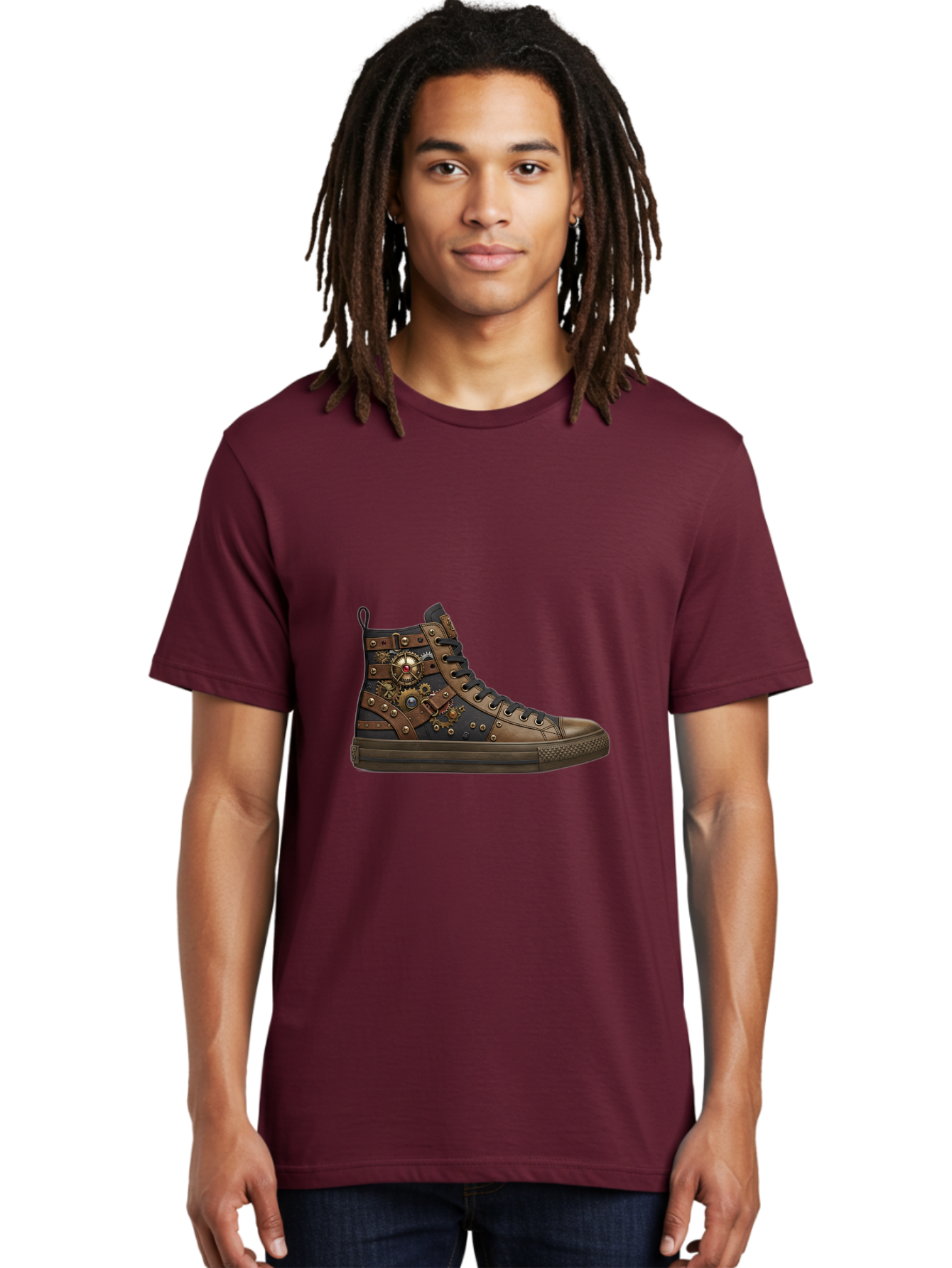 Steampunk-Sneaker Men'S Graphic Tee, 100% Cotton, Comfortable Casual Summer Wear, Machine Washable, Steampunk Fashion, High-Top Sneaker, Leather Accents, Industrial Design, Gear Details, Metal Rivets, Bold Style, Edgy Look, Unique Footwear Bab463