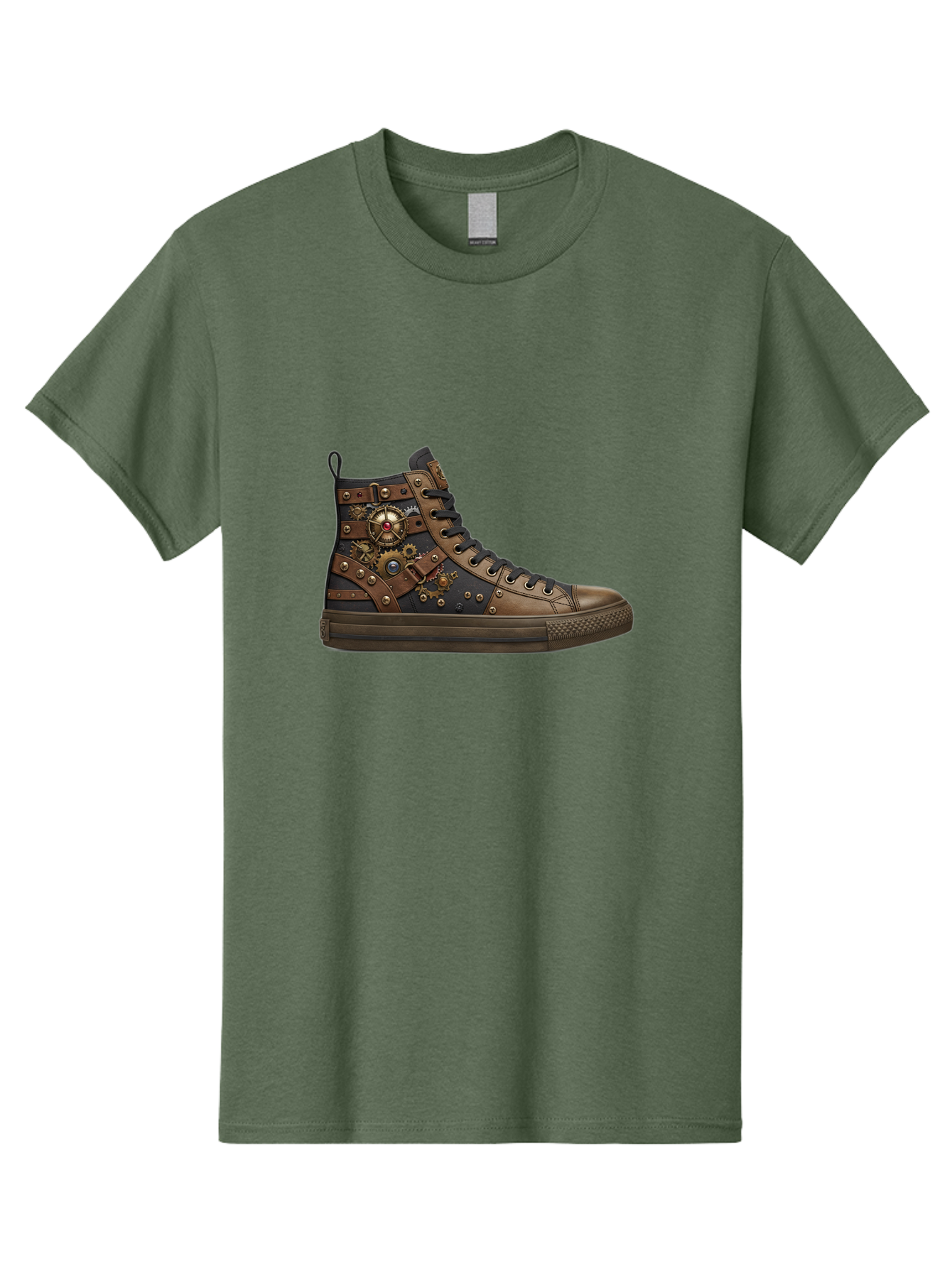 Steampunk-Sneaker Men'S Graphic Tee, 100% Cotton, Comfortable Casual Summer Wear, Machine Washable, Steampunk Fashion, High-Top Sneaker, Leather Accents, Industrial Design, Gear Details, Metal Rivets, Bold Style, Edgy Look, Unique Footwear Bab463