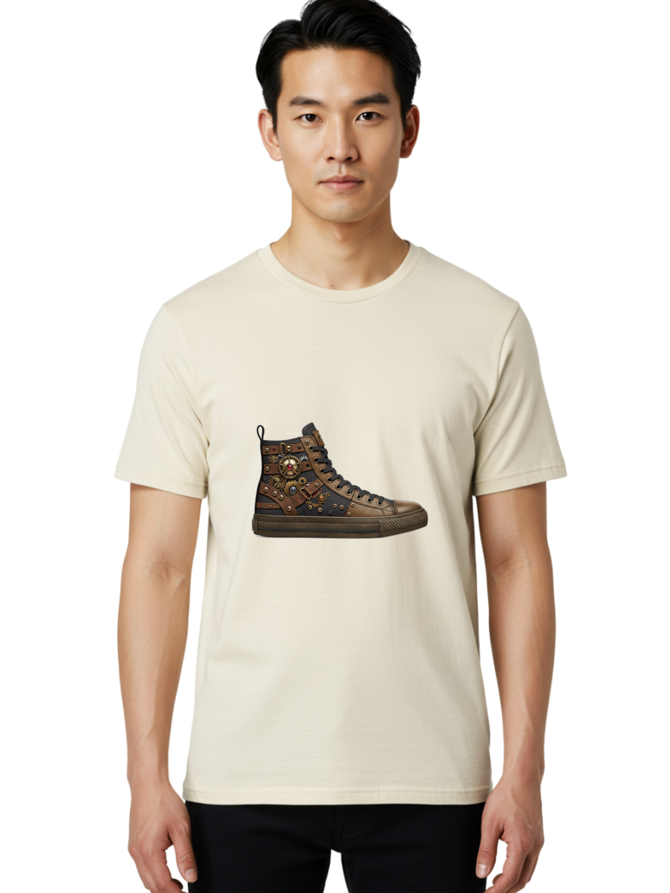 Steampunk-Sneaker Men'S Graphic Tee, 100% Cotton, Comfortable Casual Summer Wear, Machine Washable, Steampunk Fashion, High-Top Sneaker, Leather Accents, Industrial Design, Gear Details, Metal Rivets, Bold Style, Edgy Look, Unique Footwear Bab463