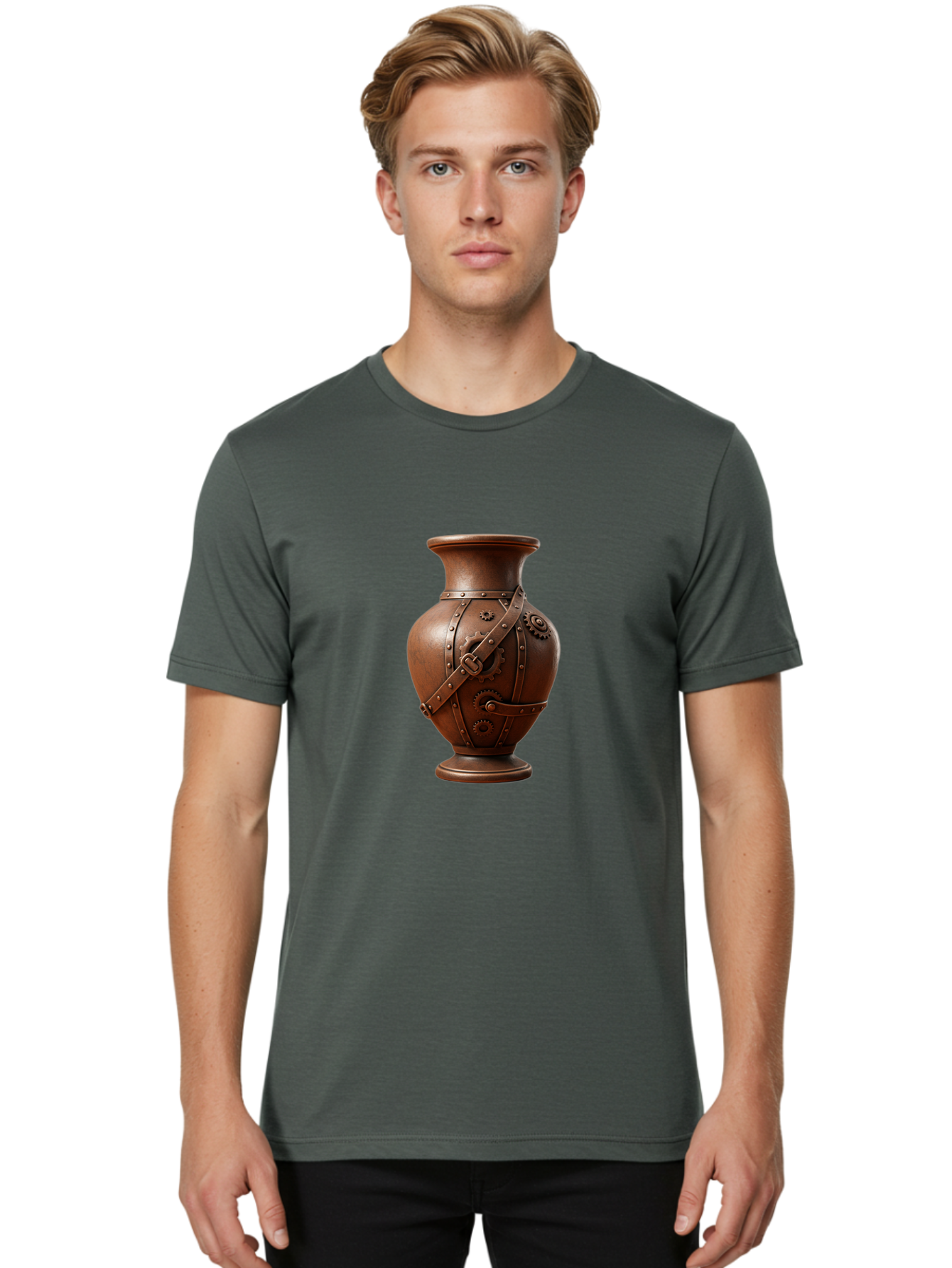 Steampunk-Vase Men'S Graphic Tee, 100% Cotton, Comfortable Casual Summer Wear, Machine Washable, Steampunk Style Vase, Antique Bronze Finish, Metallic Straps, Gear Mechanisms, Industrial Chic, Vintage Decor, Unique Art Piece, Bab464