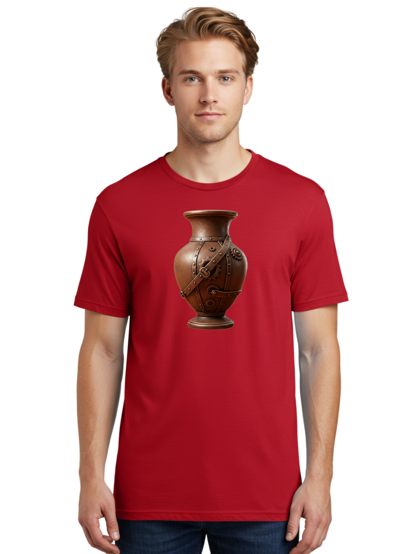 Steampunk-Vase Men'S Graphic Tee, 100% Cotton, Comfortable Casual Summer Wear, Machine Washable, Steampunk Style Vase, Antique Bronze Finish, Metallic Straps, Gear Mechanisms, Industrial Chic, Vintage Decor, Unique Art Piece, Bab464