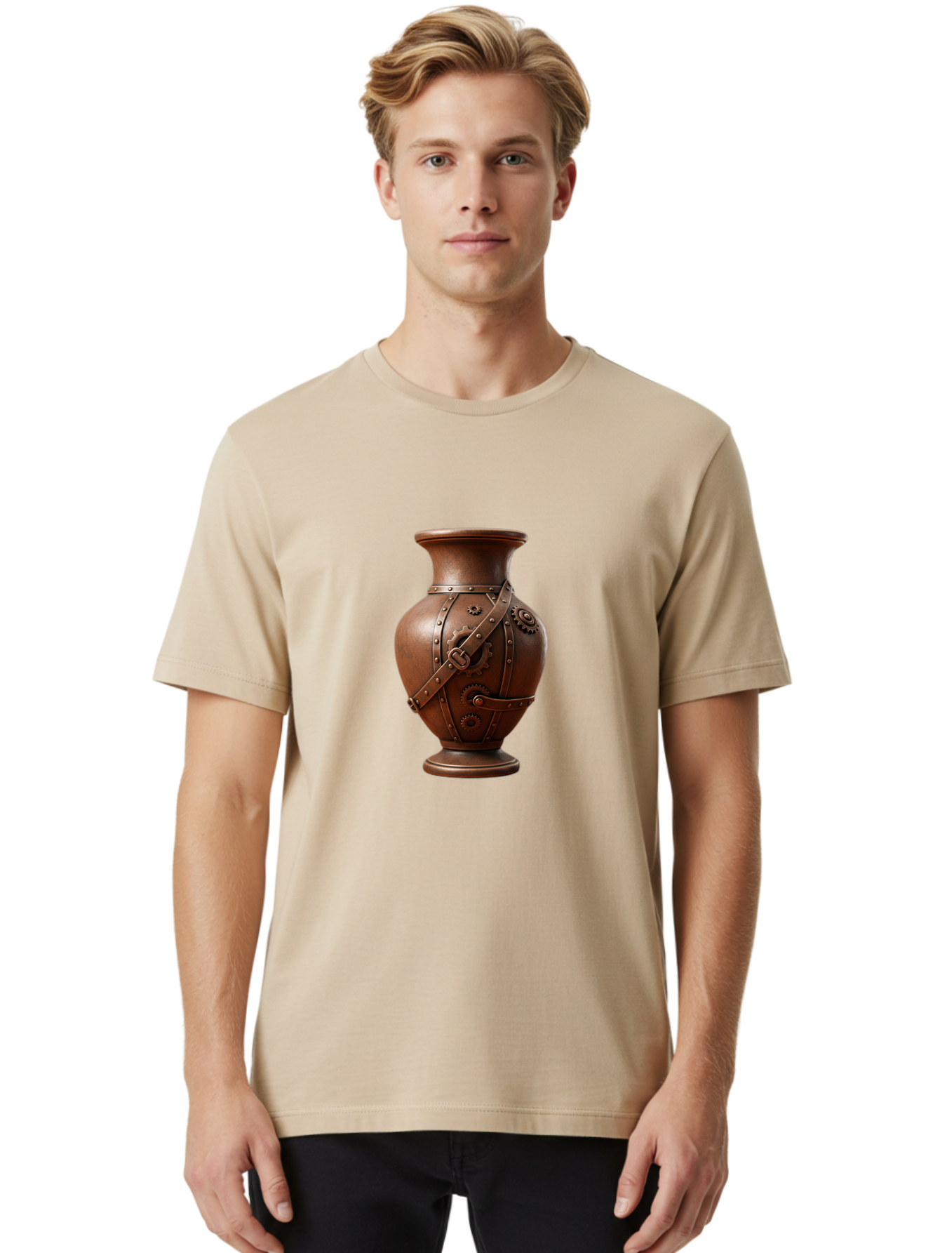 Steampunk-Vase Men'S Graphic Tee, 100% Cotton, Comfortable Casual Summer Wear, Machine Washable, Steampunk Style Vase, Antique Bronze Finish, Metallic Straps, Gear Mechanisms, Industrial Chic, Vintage Decor, Unique Art Piece, Bab464