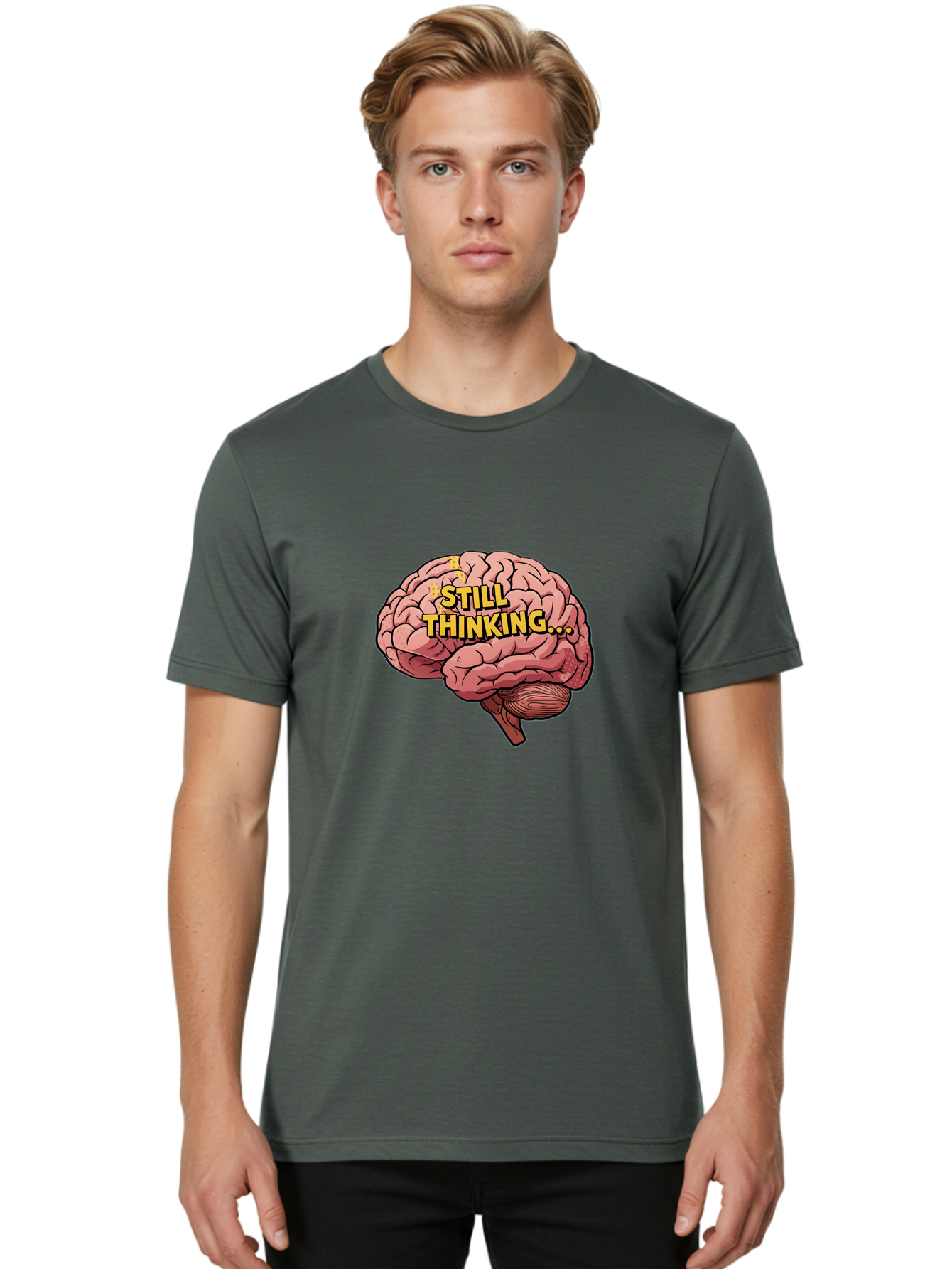Still-Thinking-1 Men'S Graphic Tee, 100% Cotton, Comfortable Casual Summer Wear, Machine Washable, Human Brain, Thinking Process, Cognitive Function, Problem Solving, Mental Activity, Still Thinking, Cartoon Brain, Neuroscience, Bab465